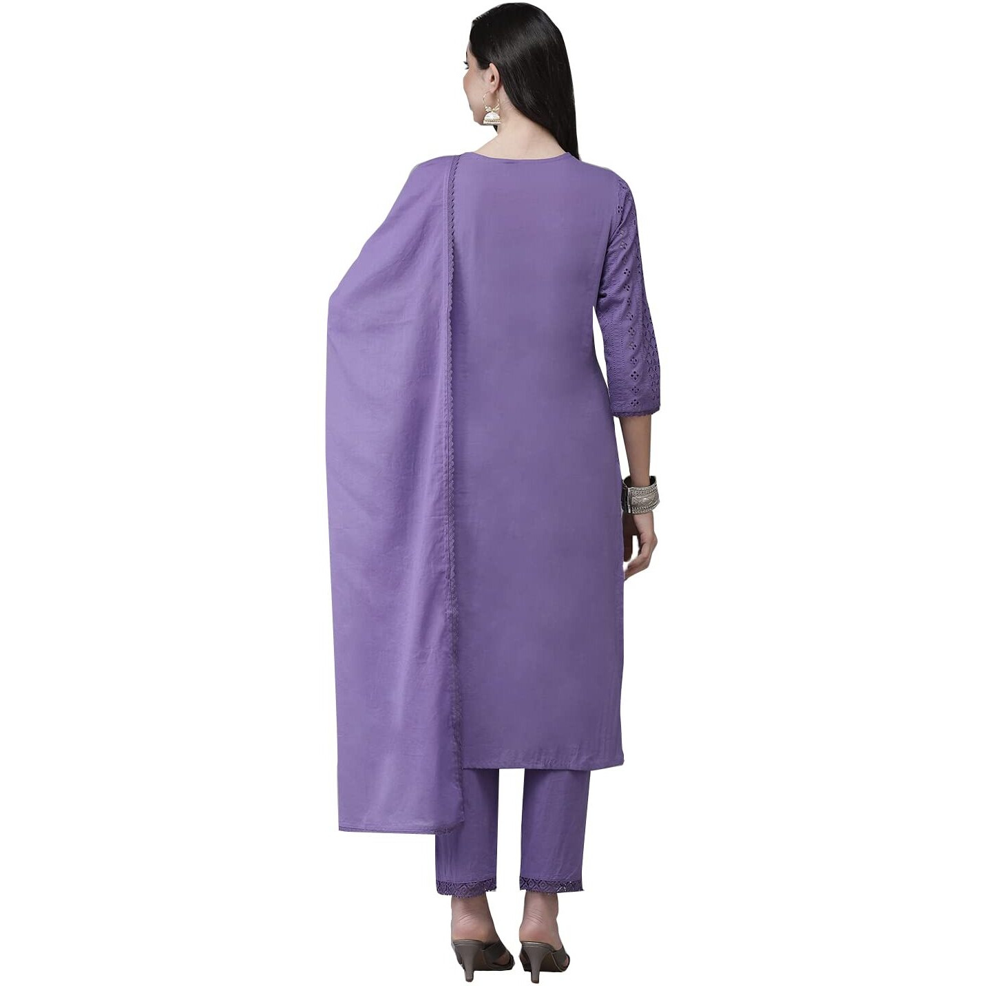 Ishin Women's Pure Cotton Embroidered A-Line Kurta Suit Set With Dupatta & Pants Kpldmvel-19061_Xl_Purple