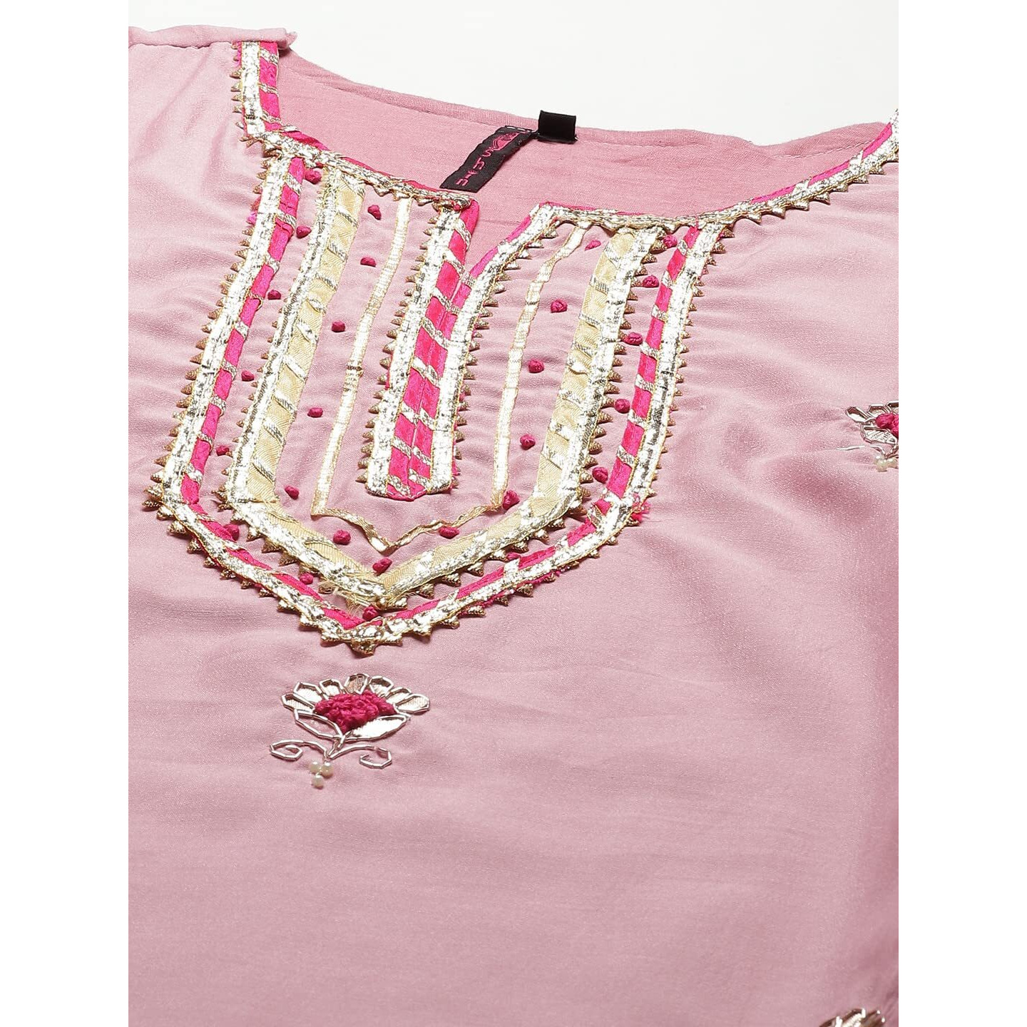 Ishin Women's Pure Silk A-Line Embroidered Gotta Patti Floral Print Pink Kurta Suit Set With Trouser Kpldpnk-Ff-10063_S_Pink