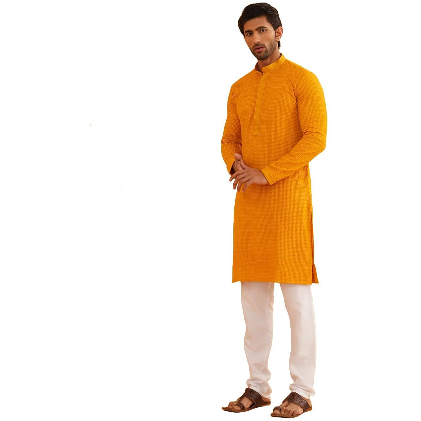 Sojanya (Since 1958 Men's Cotton Embroidered Thread Work Mustard Kurta With White Churidar Pyjama