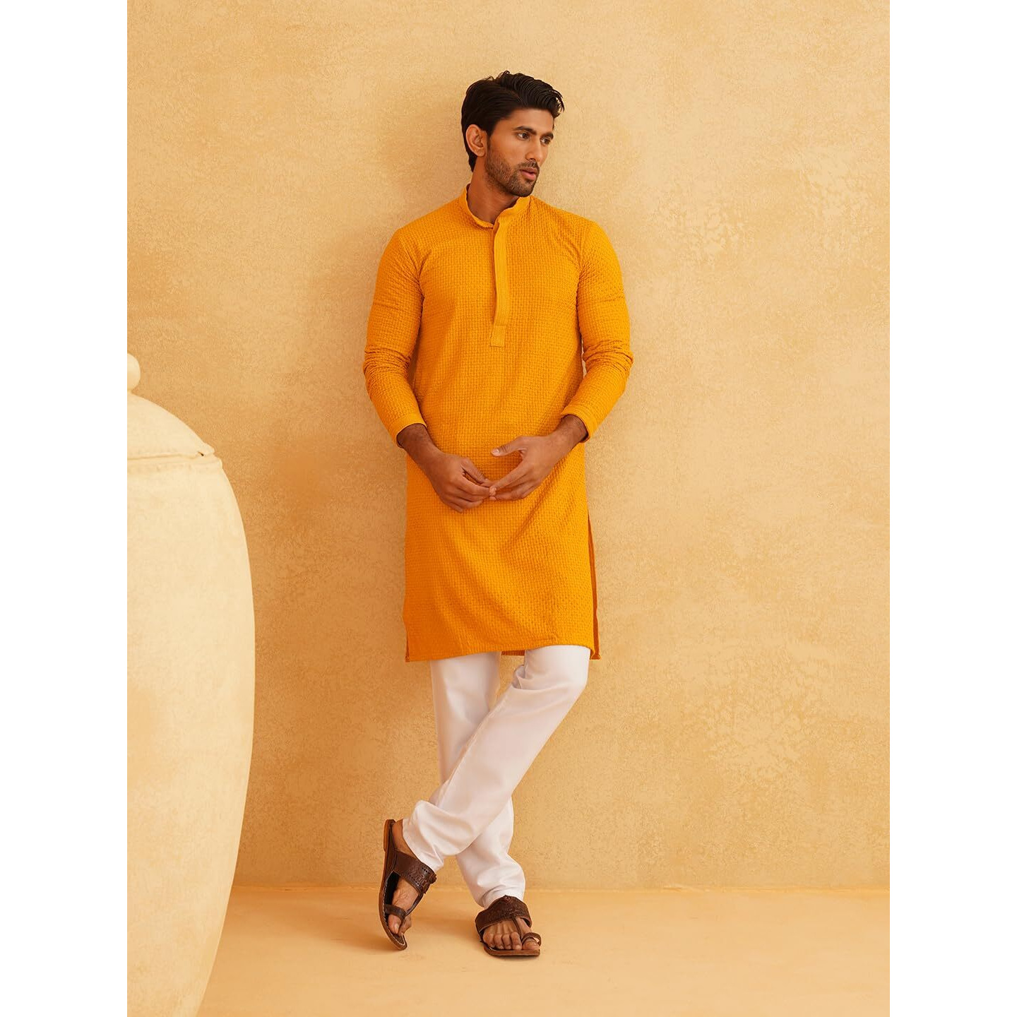 Sojanya (Since 1958 Men's Cotton Embroidered Thread Work Mustard Kurta With White Churidar Pyjama