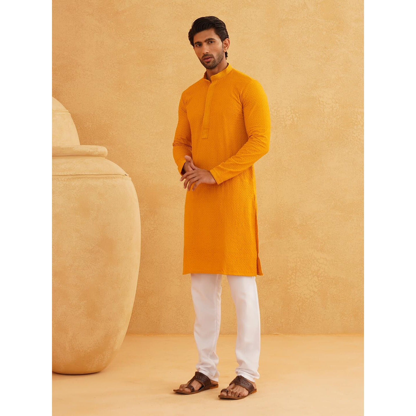 Sojanya (Since 1958 Men's Cotton Embroidered Thread Work Mustard Kurta With White Churidar Pyjama