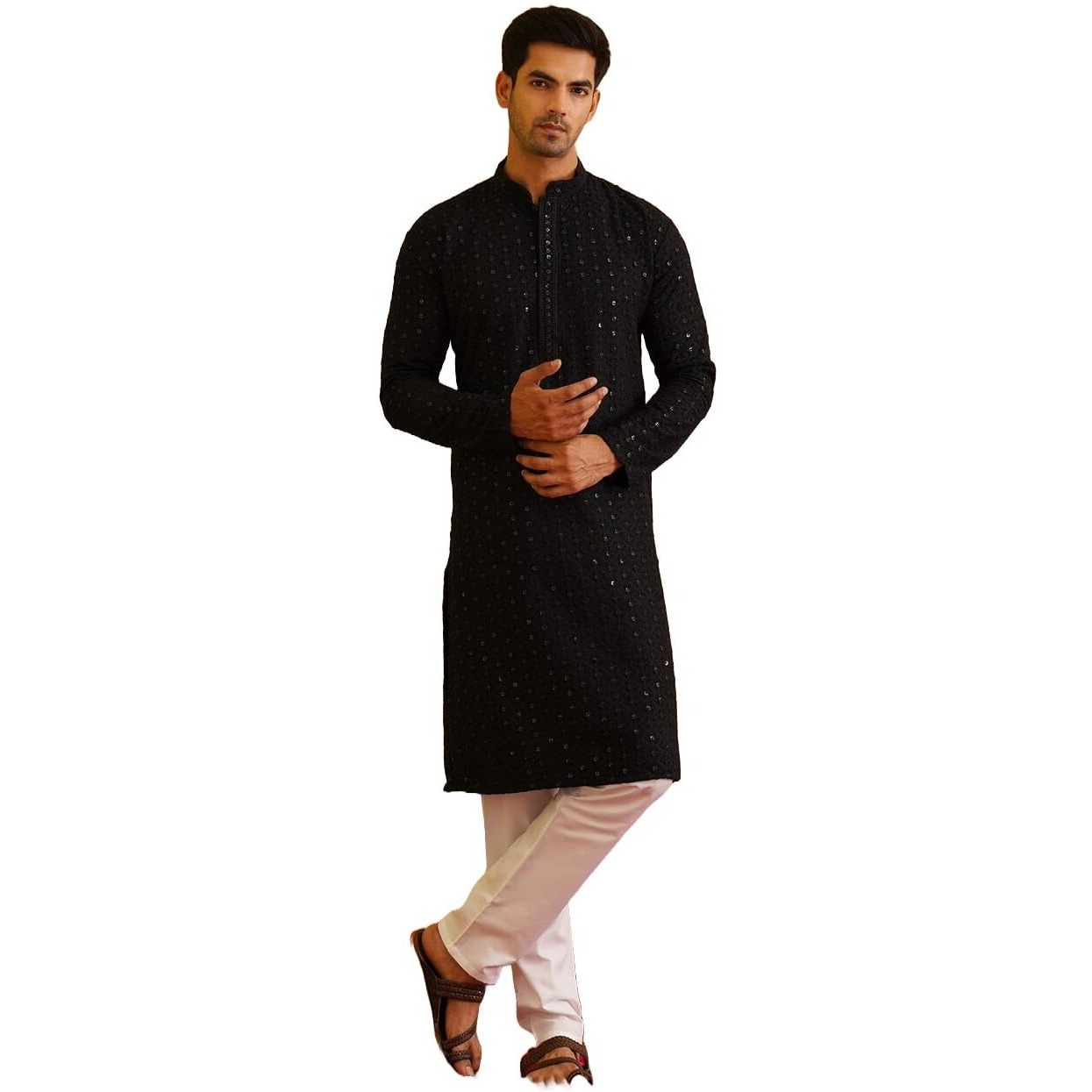 Sojanya (Since 1958 Men's Pure Cotton Sequined Black Kurta And White Pyjama Set