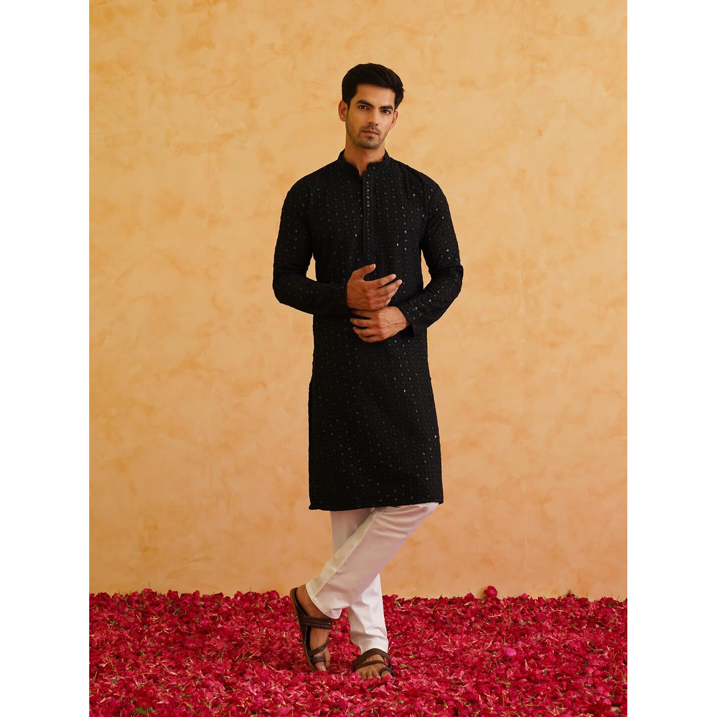 Sojanya (Since 1958 Men's Pure Cotton Sequined Black Kurta And White Pyjama Set