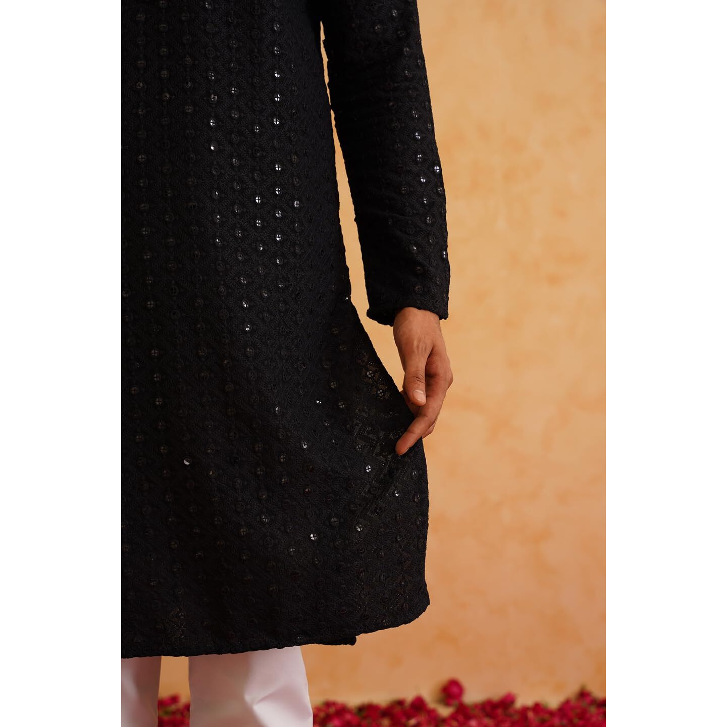 Sojanya (Since 1958 Men's Pure Cotton Sequined Black Kurta And White Pyjama Set