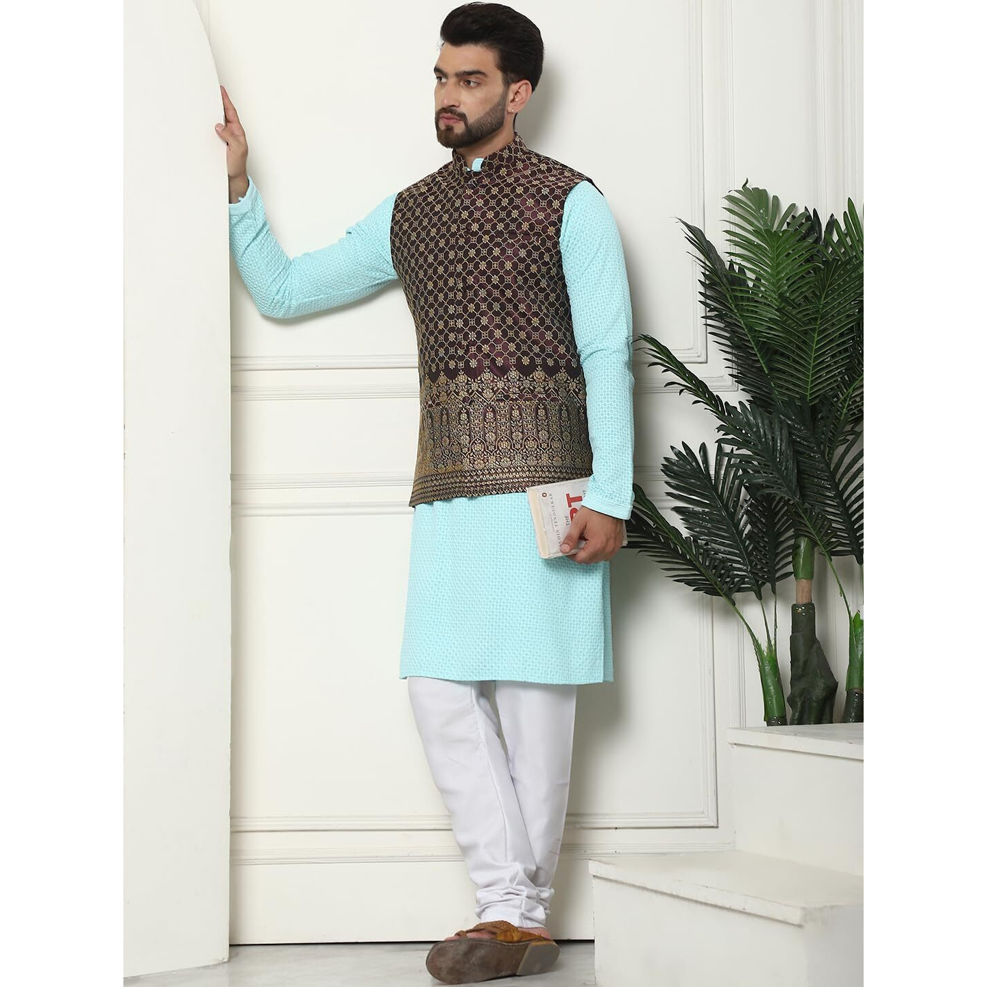 Sojanya (Since 1958 Men's Pure Cotton Sky Blue Kurta And White Pyjama With Wine Nehru Jacket