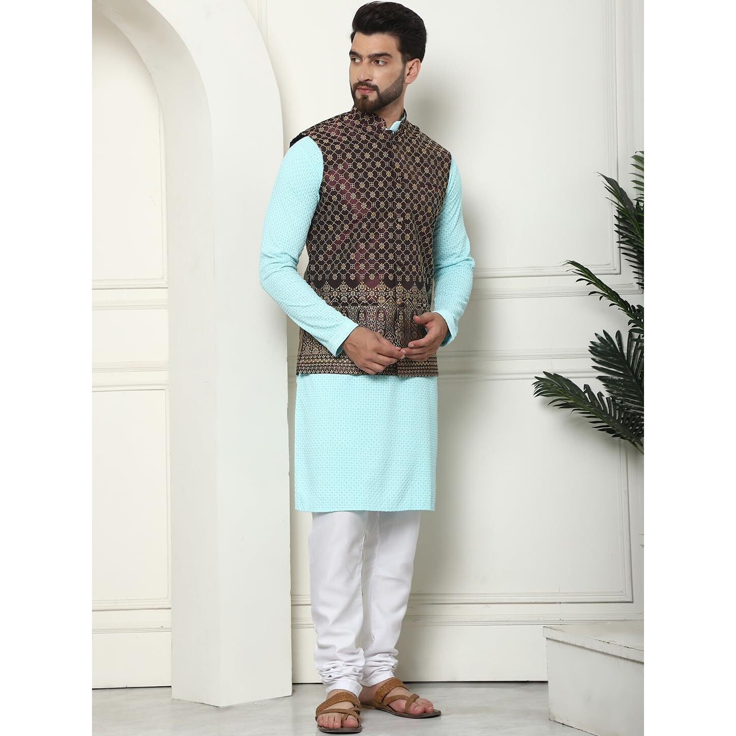 Sojanya (Since 1958 Men's Pure Cotton Sky Blue Kurta And White Pyjama With Wine Nehru Jacket