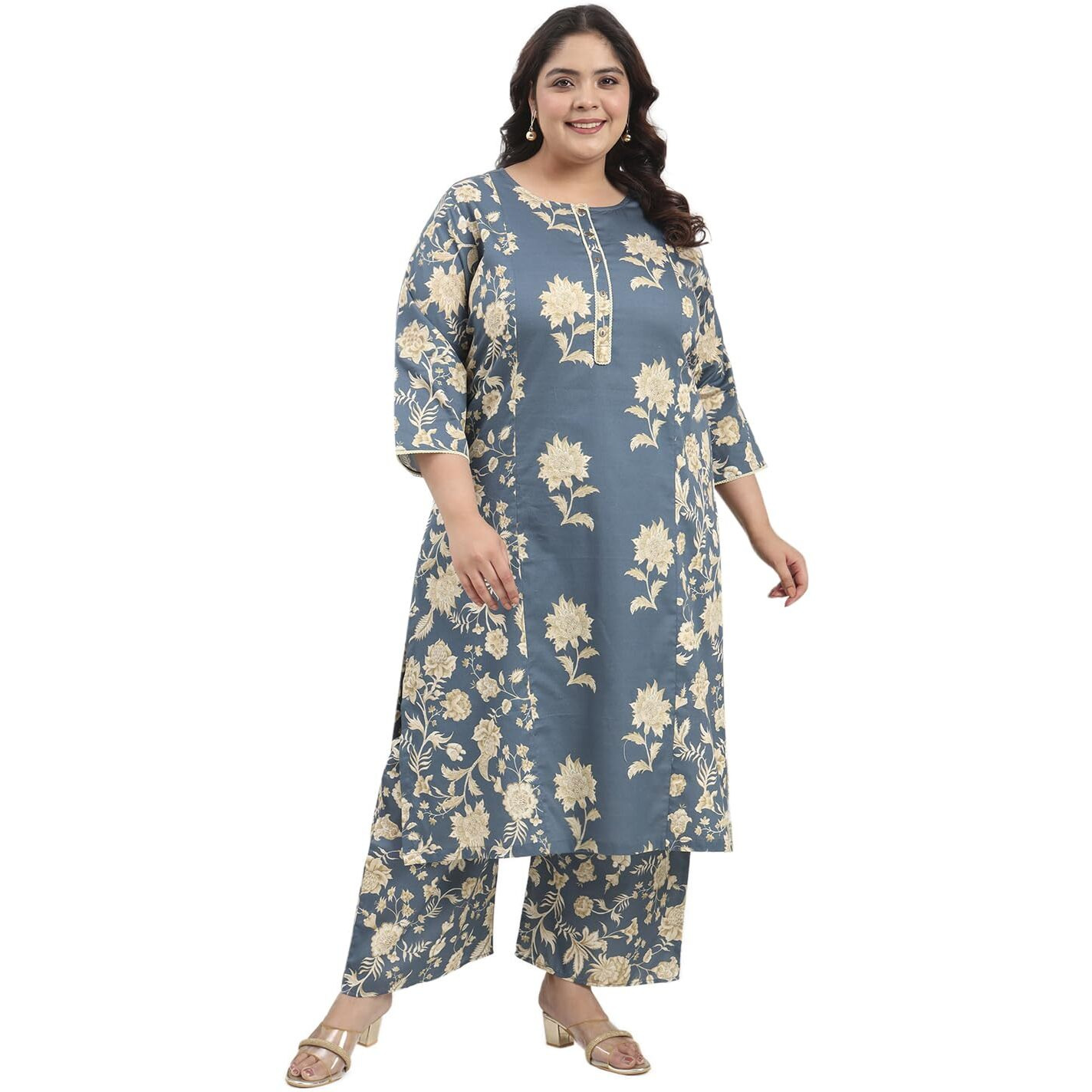 Tissu Women's Plus Size Grey Floral Printed Pure Cotton Kurta With Palazzo (742_Grey_7Xl)
