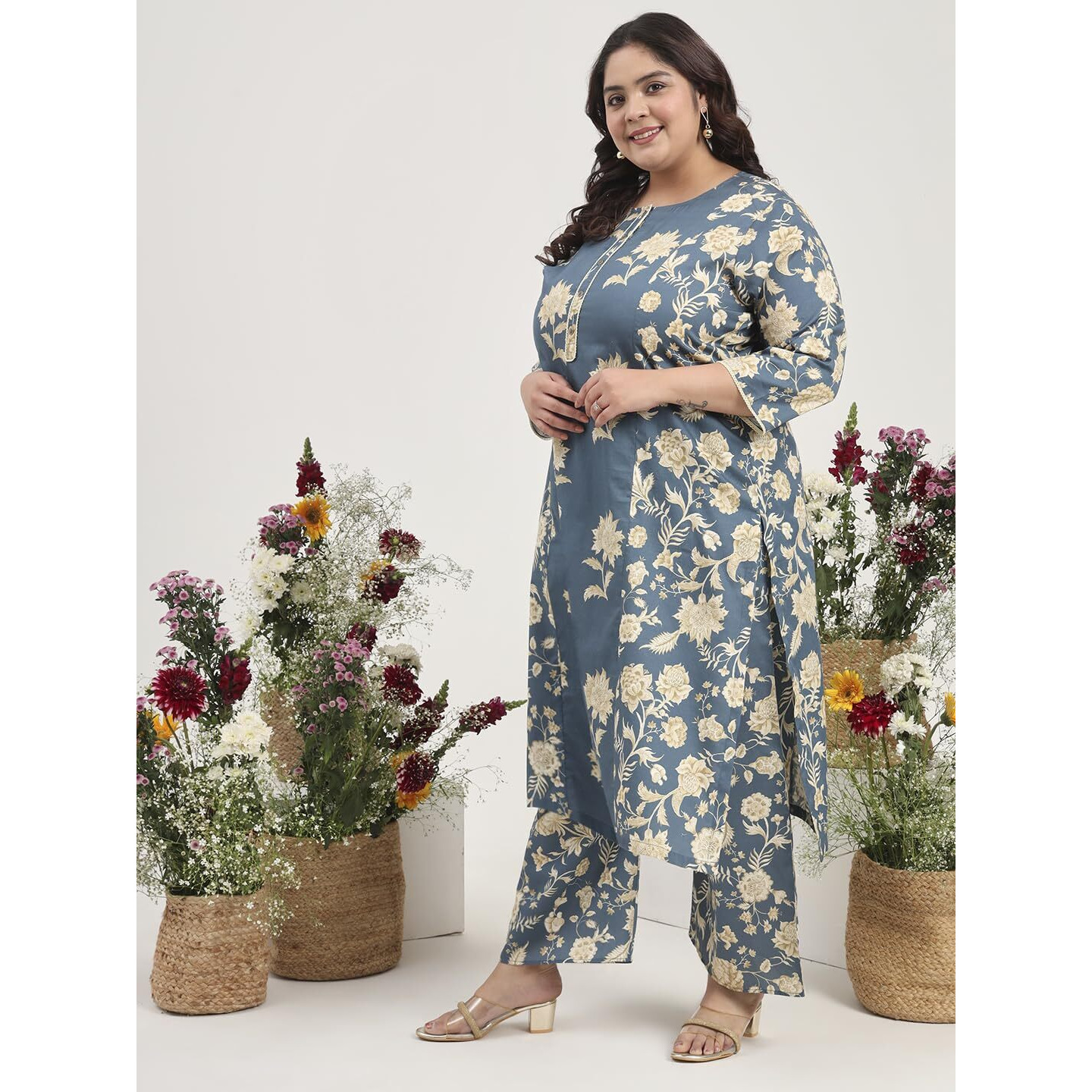 Tissu Women's Plus Size Grey Floral Printed Pure Cotton Kurta With Palazzo (742_Grey_7Xl)