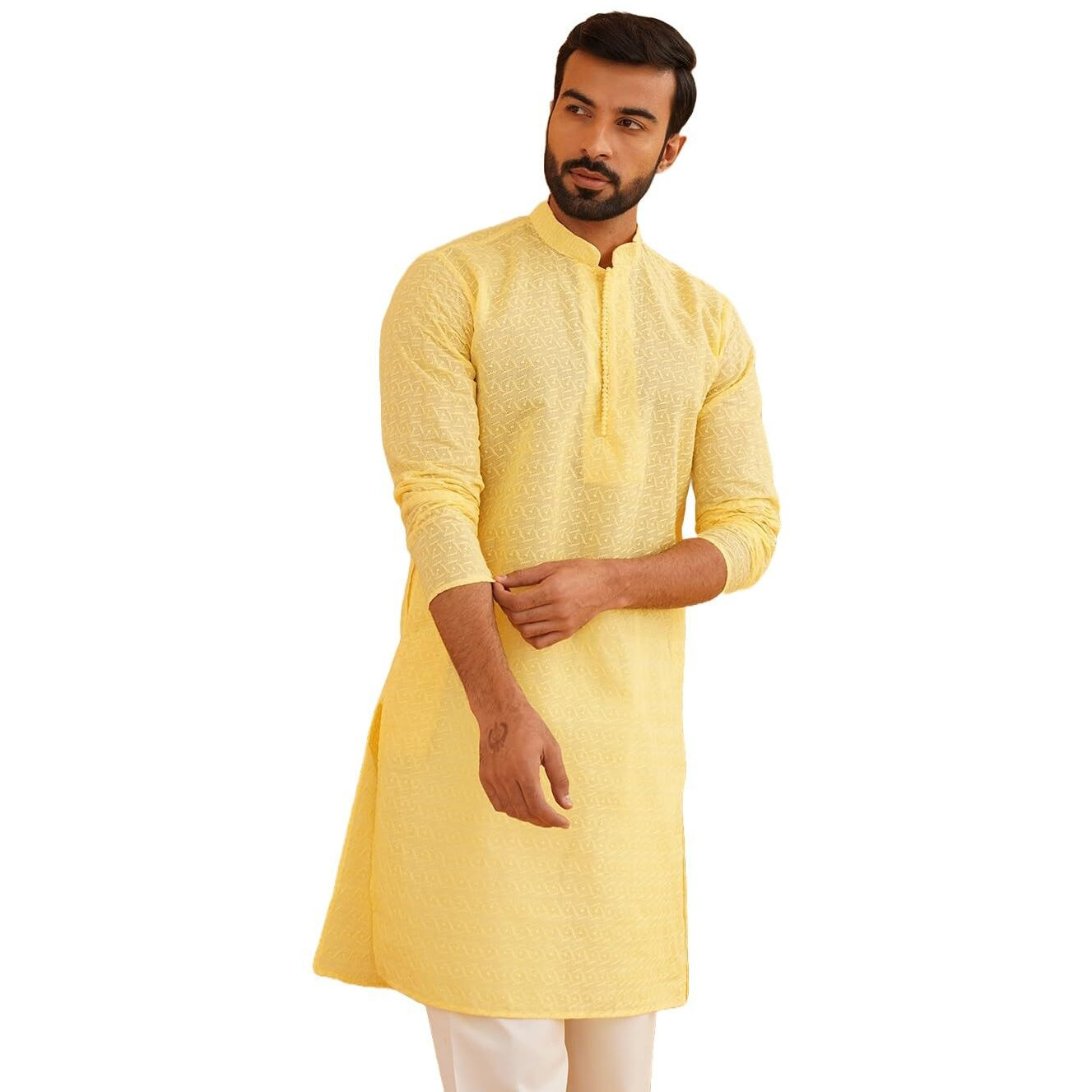 Sojanya (Since 1958 Men's Pure Cotton Chikankari Embroidered Yellow Straight Long Kurta