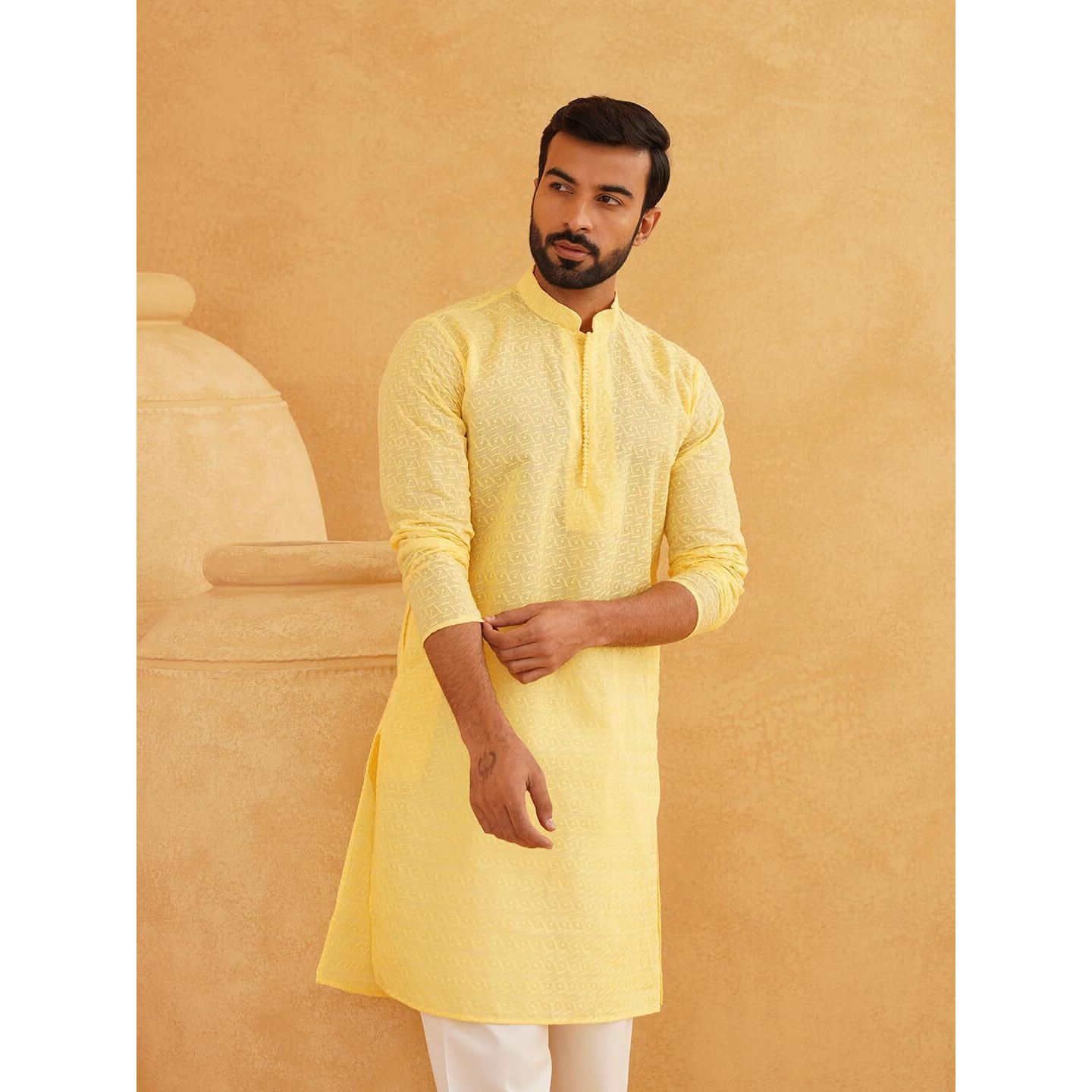 Sojanya (Since 1958 Men's Pure Cotton Chikankari Embroidered Yellow Straight Long Kurta