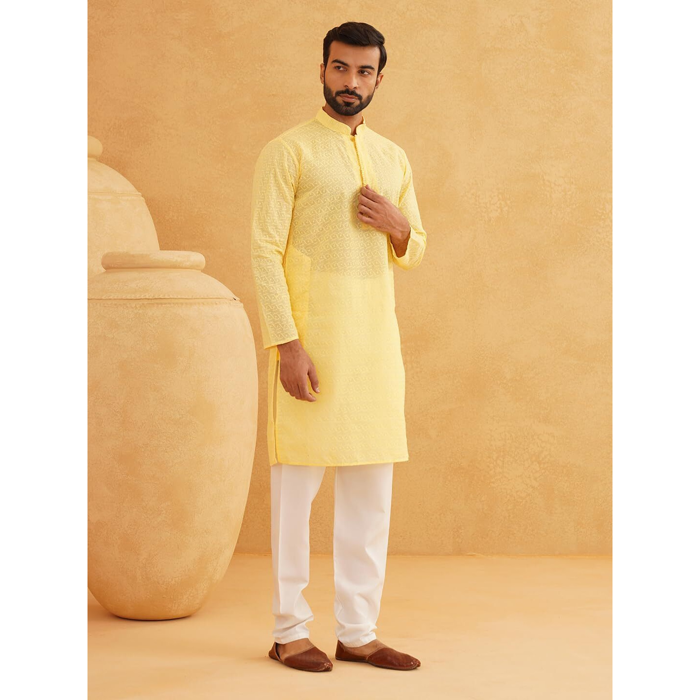 Sojanya (Since 1958 Men's Pure Cotton Chikankari Embroidered Yellow Straight Long Kurta