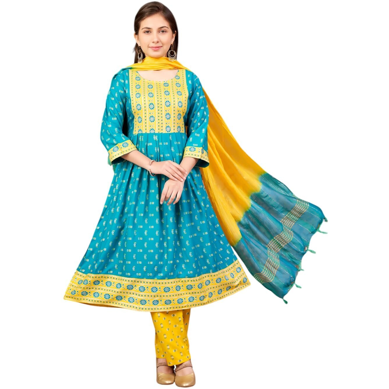 Aarika Girls Ethnic Wear Green-Yellow Colour Foil Print Rayon Kurti-8-15 Years (Kurti-Ap-803)