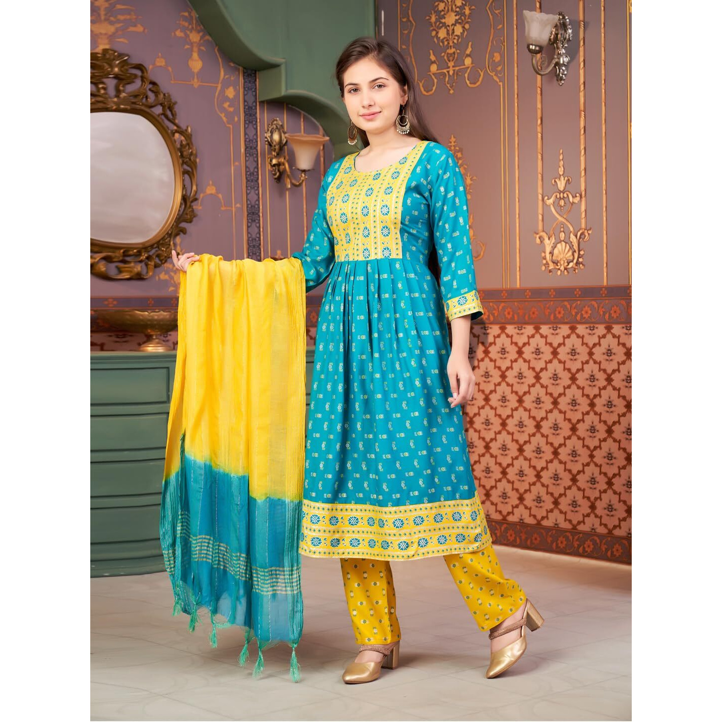 Aarika Girls Ethnic Wear Green-Yellow Colour Foil Print Rayon Kurti-8-15 Years (Kurti-Ap-803)