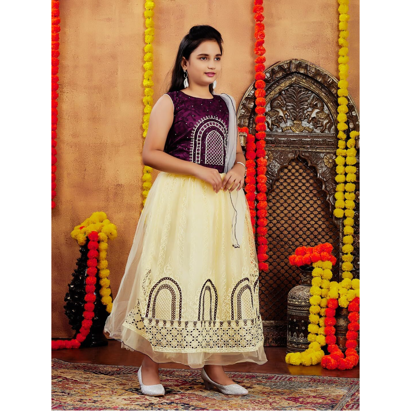 Aarika Girls Ethnic Wear Purple-Beige Colour Thread Embroidery Net Lehenga Choli Set (4-10 Years)