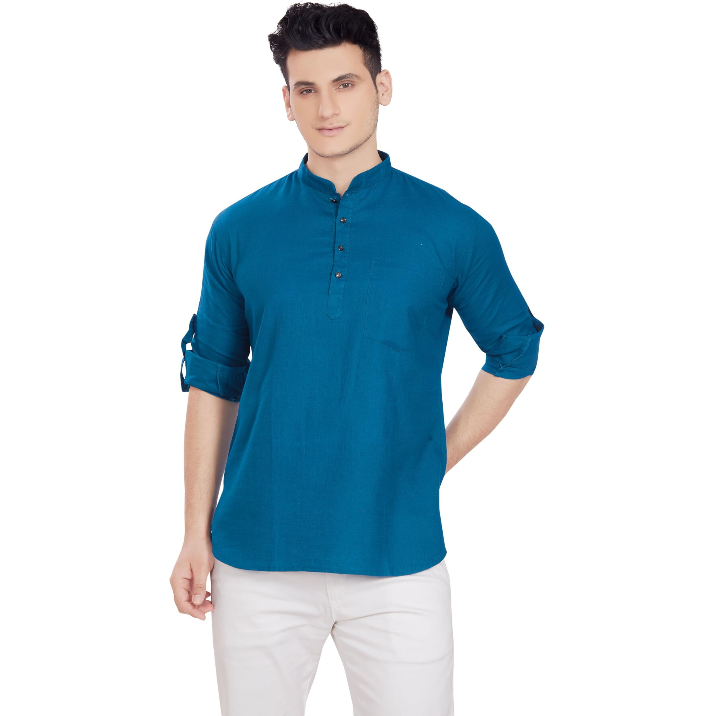 Divisive Men's Pure Cotton Relaxed Fit Short Kurta (Dkrt262_L_P Blue)