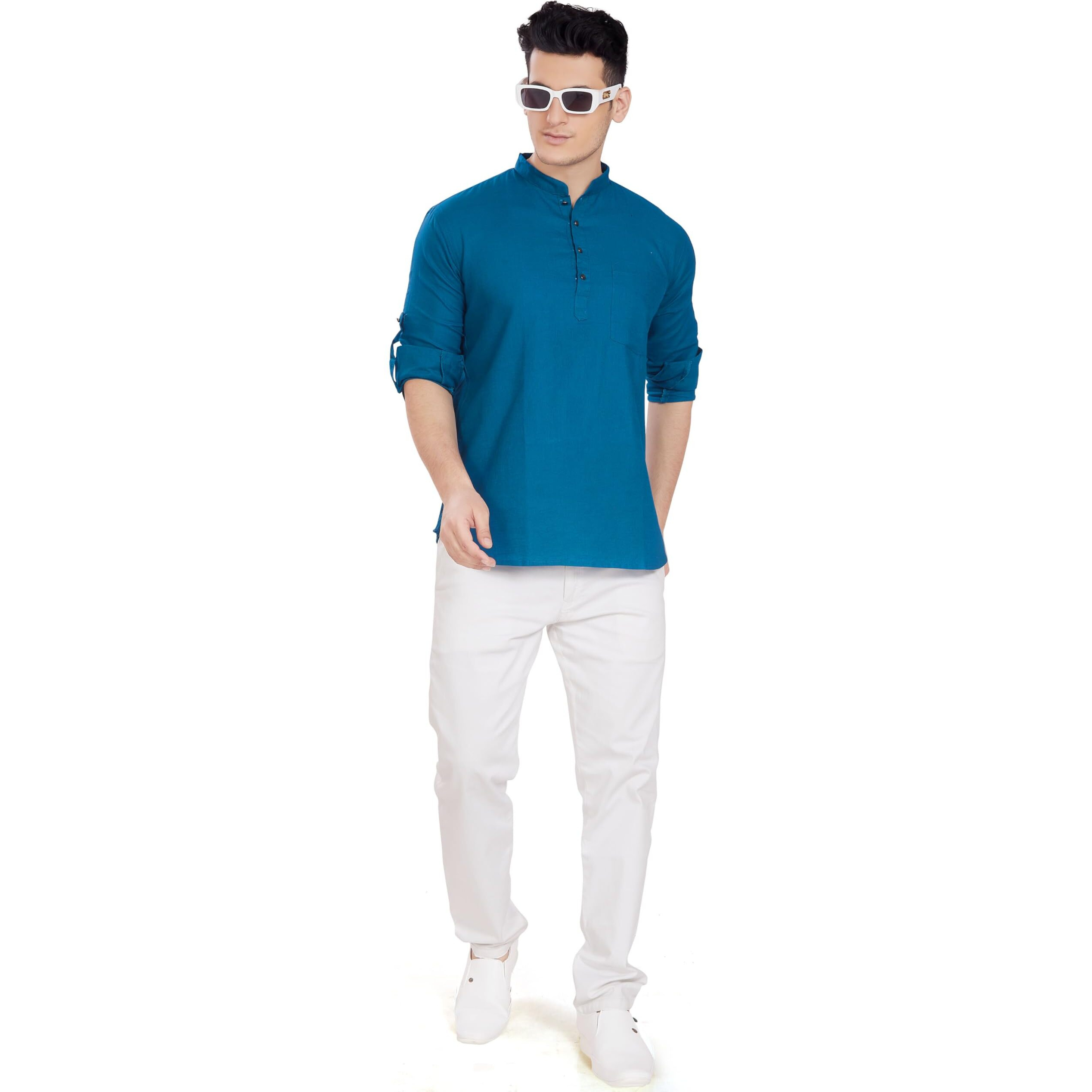 Divisive Men's Pure Cotton Relaxed Fit Short Kurta (Dkrt262_L_P Blue)