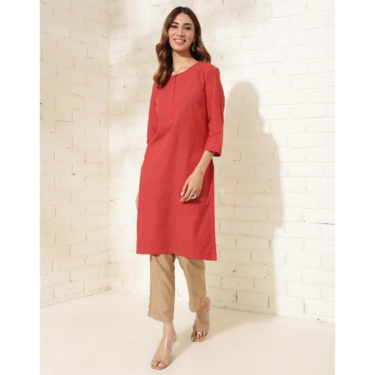 Fabindia Women's Cotton Solid Slim Kurta (1037283Red_Red
