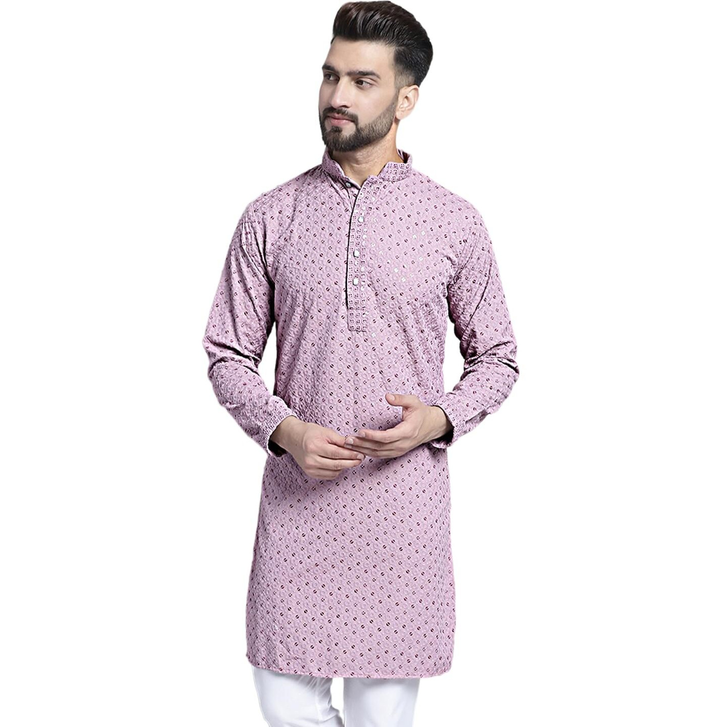 Jompers Men's Chikankari Embroidered And Sequence Kurtas (Light-Purple, S)