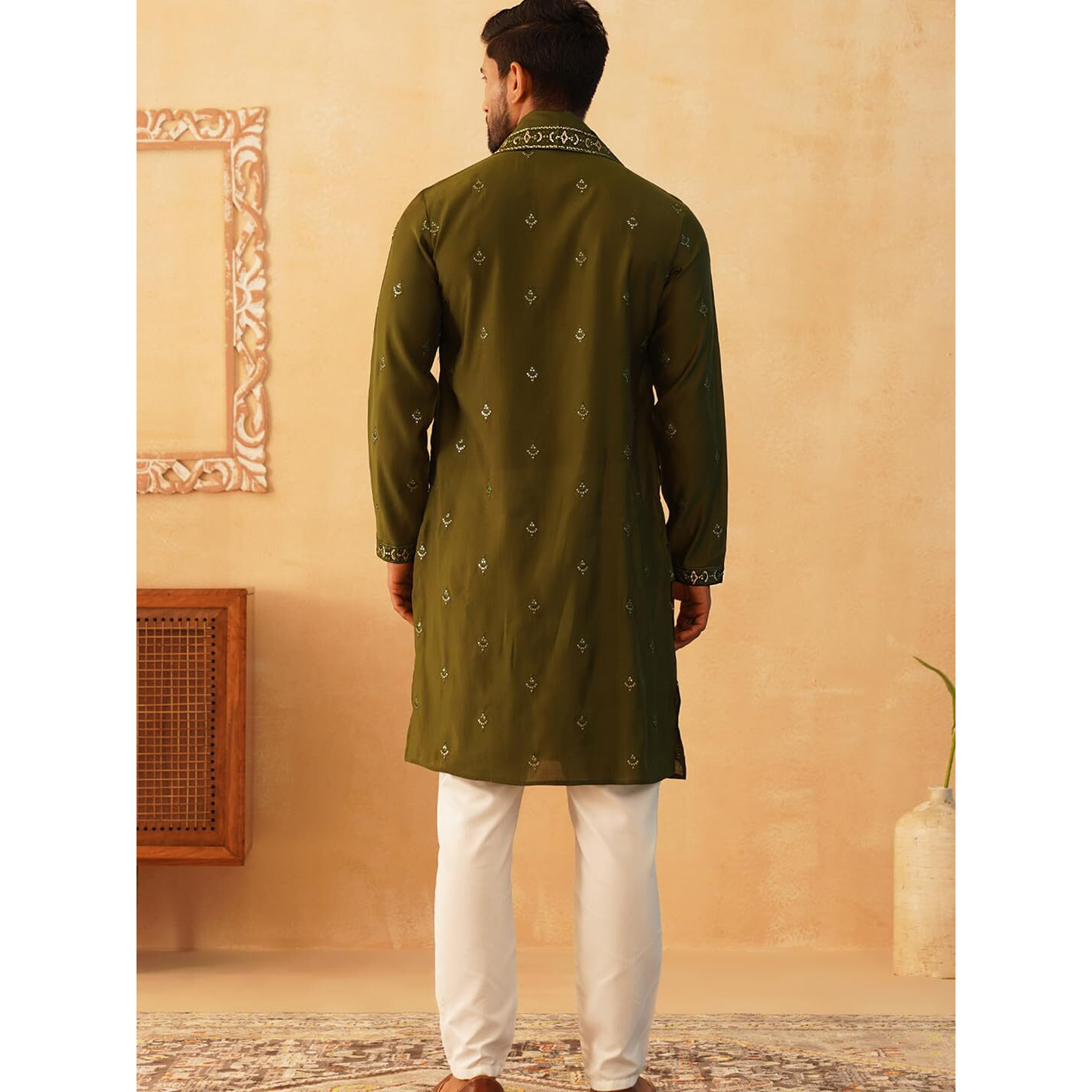 Jompers Men's Olive Embroidered & Sequin Kurta Pyjama With Dupatta. (Olive, Xl)