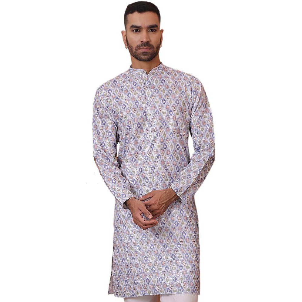 Jompers Men's Blue Printed And Embroidered Kurtas. (Blue, Xl)