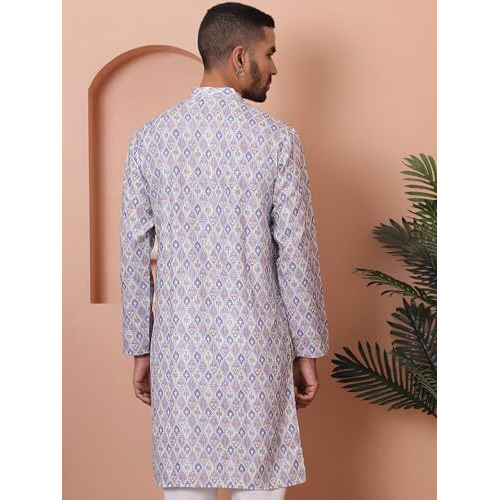 Jompers Men's Blue Printed And Embroidered Kurtas. (Blue, Xl)