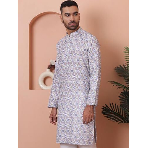 Jompers Men's Blue Printed And Embroidered Kurtas. (Blue, Xl)