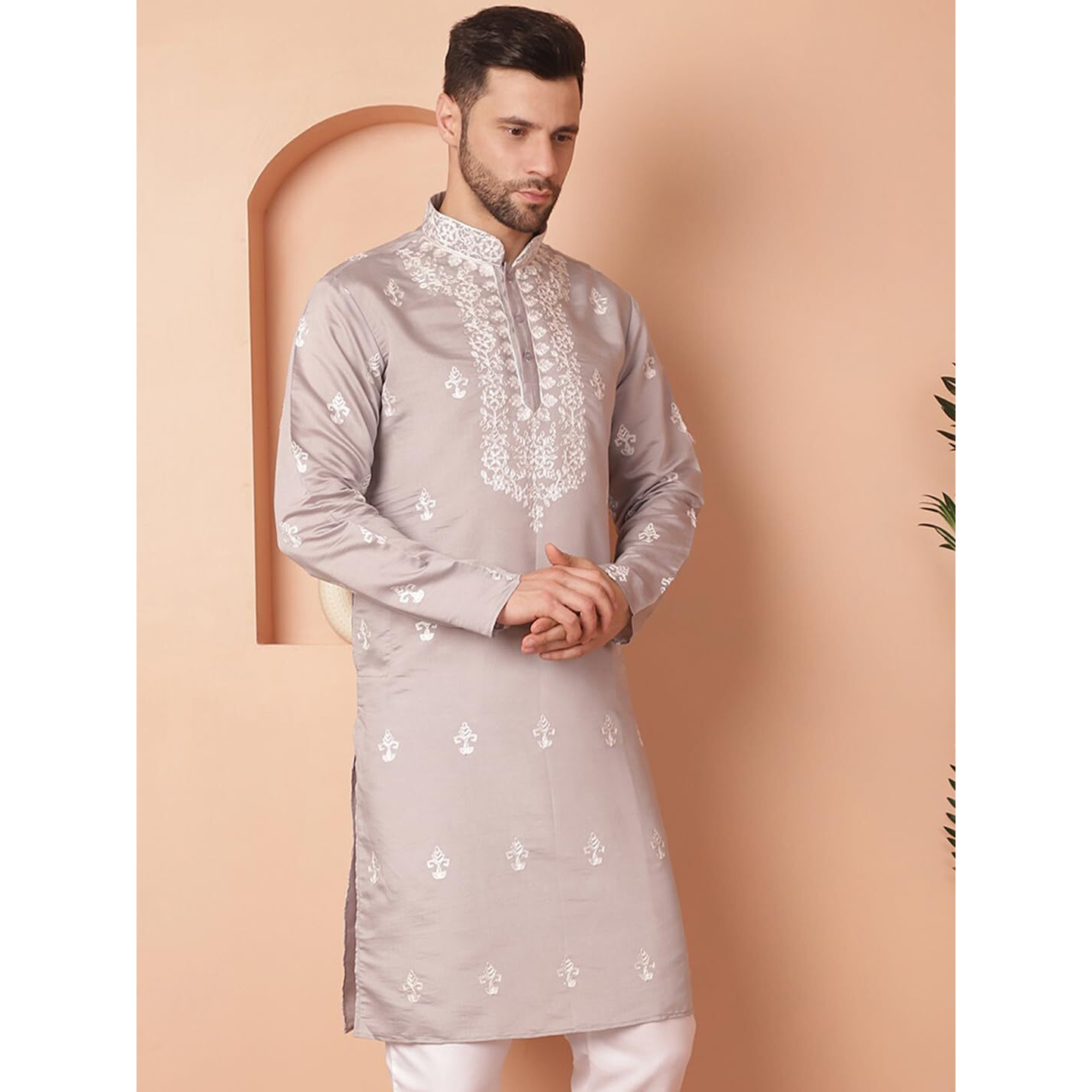 Jompers Men Grey Chikankari Embroidered Kurtas (Grey, Xxl)