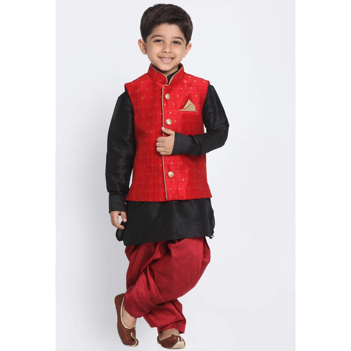 Jbn Creation Vastramay Boys' Maroon Silk Blend Boys Nehru Modi Jacket Kurta & Pyjama Set - (Vasnbj009Manbuk001Blncdma) For 11-12 Years
