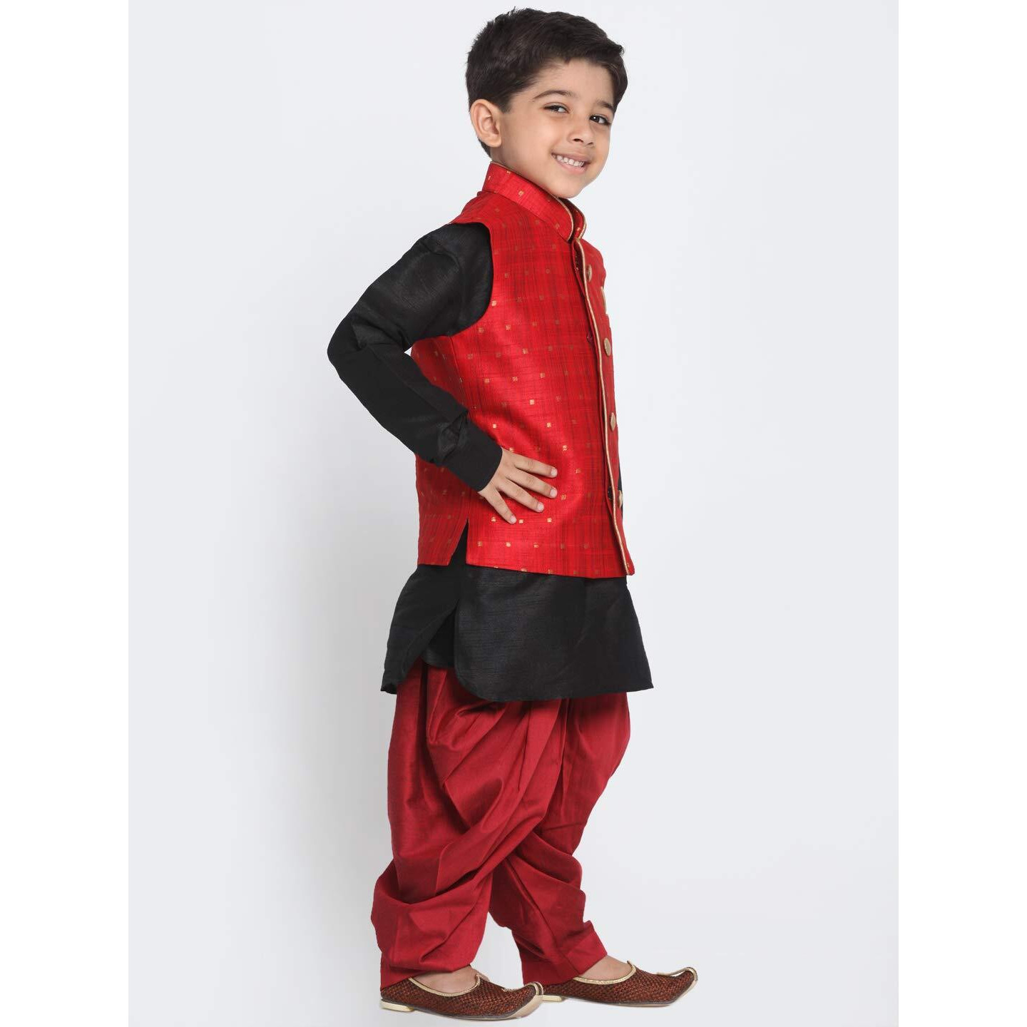 Jbn Creation Vastramay Boys' Maroon Silk Blend Boys Nehru Modi Jacket Kurta & Pyjama Set - (Vasnbj009Manbuk001Blncdma) For 11-12 Years