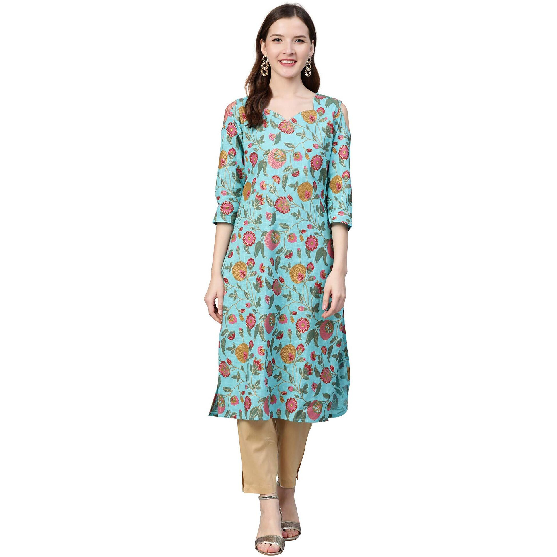 Idalia Turquoise Blue Gold Print Kurta