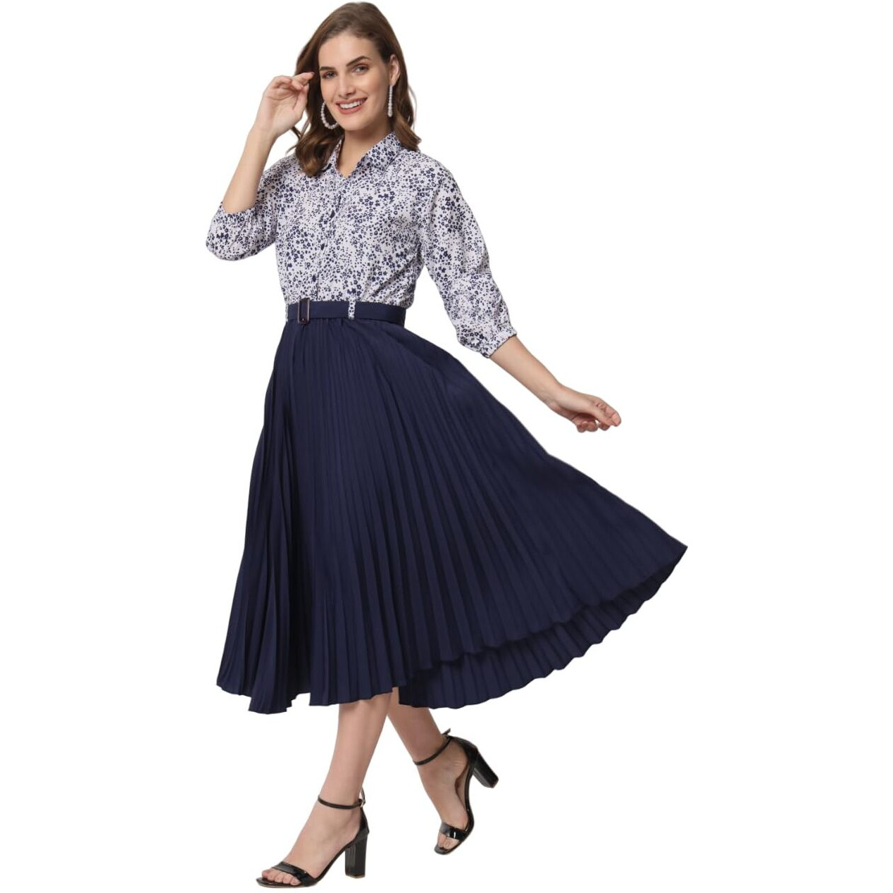 Kzully Women's Print 3/4 Sleeve Pleated Midi Dress With Belt Navy Blue