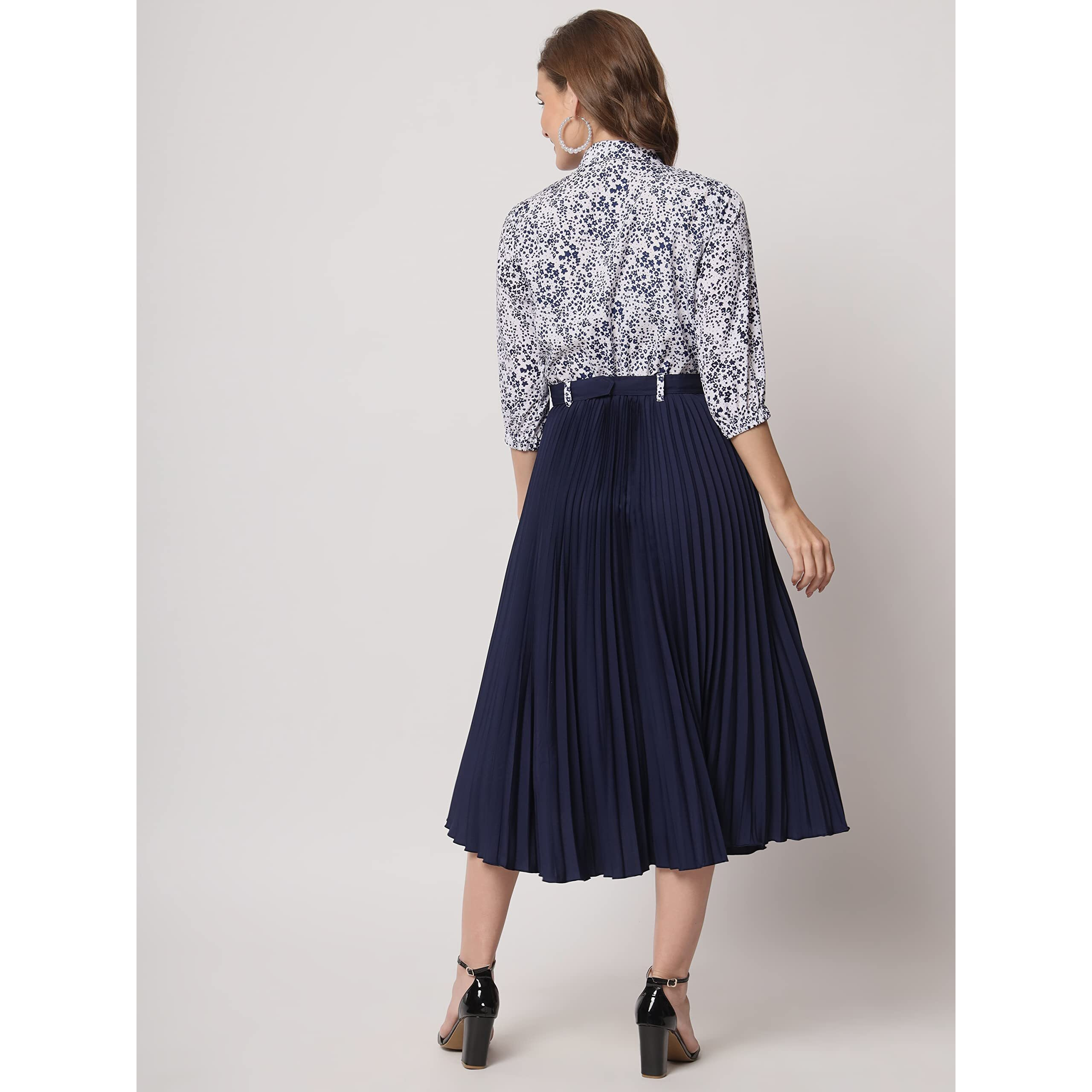 Kzully Women's Print 3/4 Sleeve Pleated Midi Dress With Belt Navy Blue