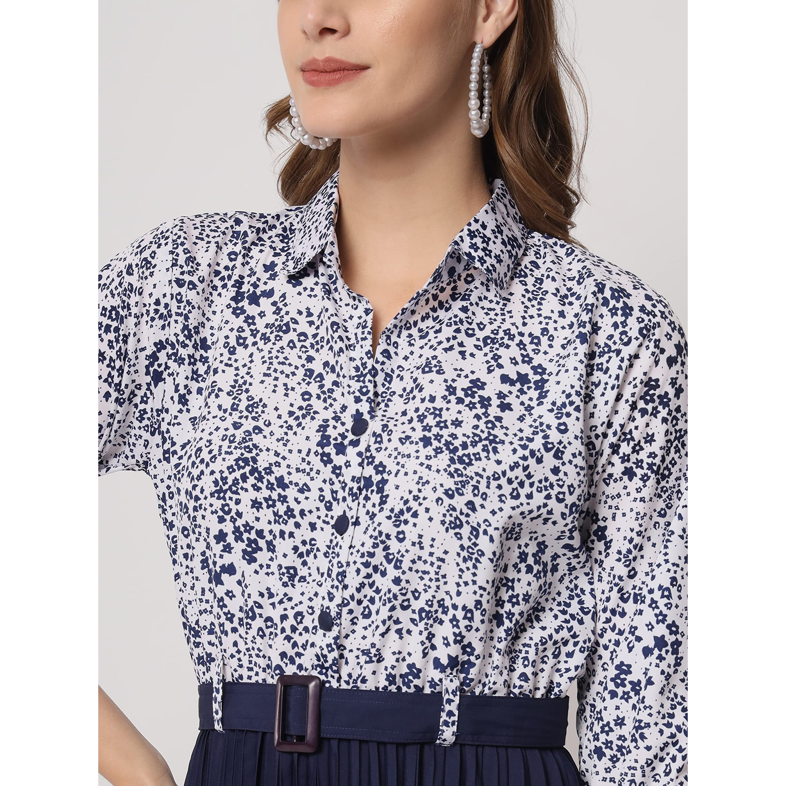 Kzully Women's Print 3/4 Sleeve Pleated Midi Dress With Belt Navy Blue