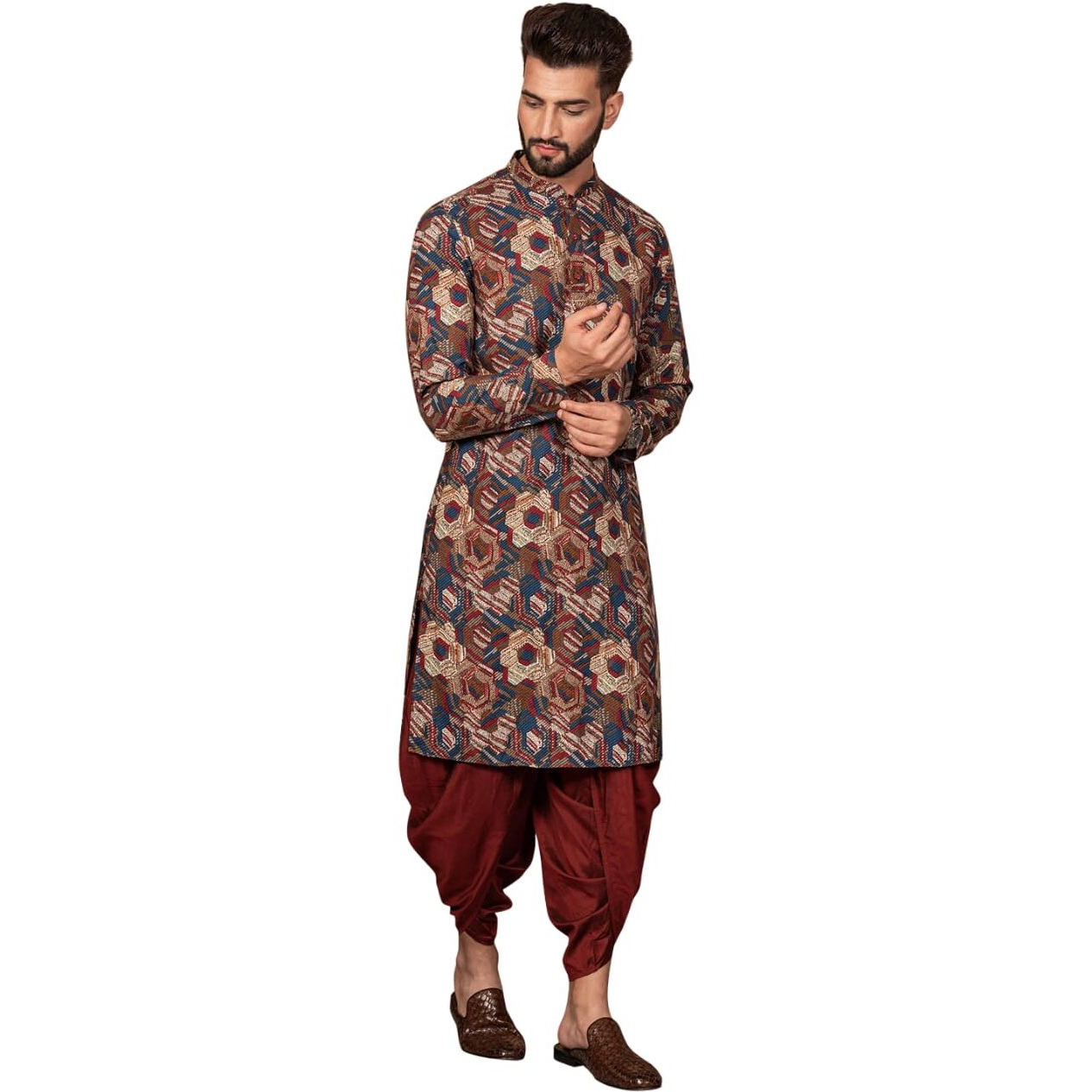 Kisah Men's Kurta Dhoti Set, Multi Cotton Blend, Printed Regular Fit Mandarin Collar Long Sleeves (Xl)
