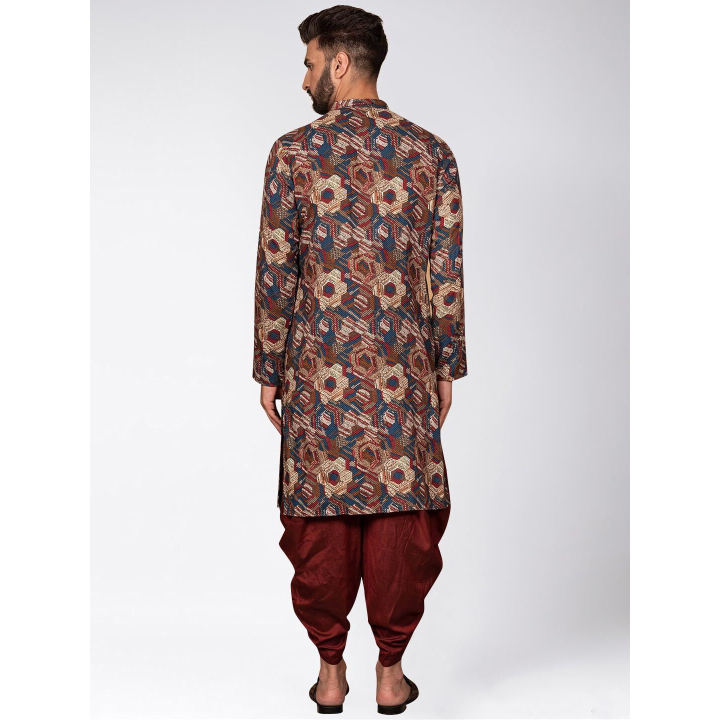 Kisah Men's Kurta Dhoti Set, Multi Cotton Blend, Printed Regular Fit Mandarin Collar Long Sleeves (Xl)
