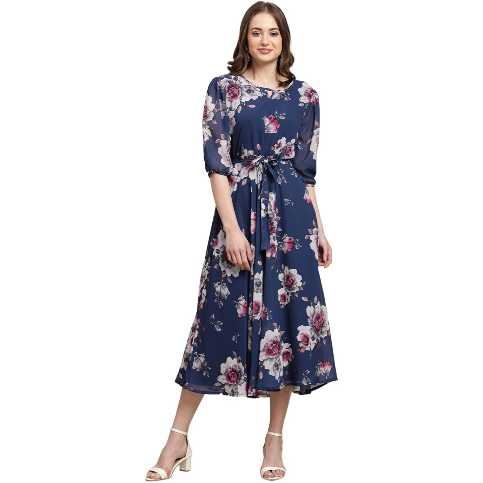 Preneum Women's Maxi Fit & Flare Latest Style Print Georgette Regular Sleeves Casual Summer Maxi Dress || Festival & Occasion, Light Blue, Xl