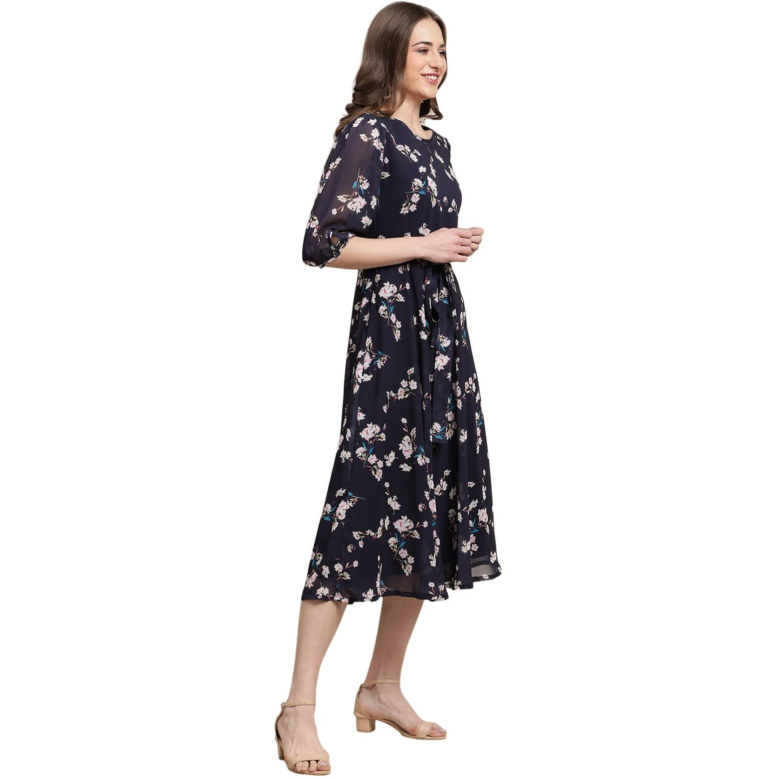 Preneum Women's Maxi Fit & Flare Latest Style Print Georgette Regular Sleeves Casual Summer Maxi Dress || Festival & Occasion, Dark Blue, 2Xl