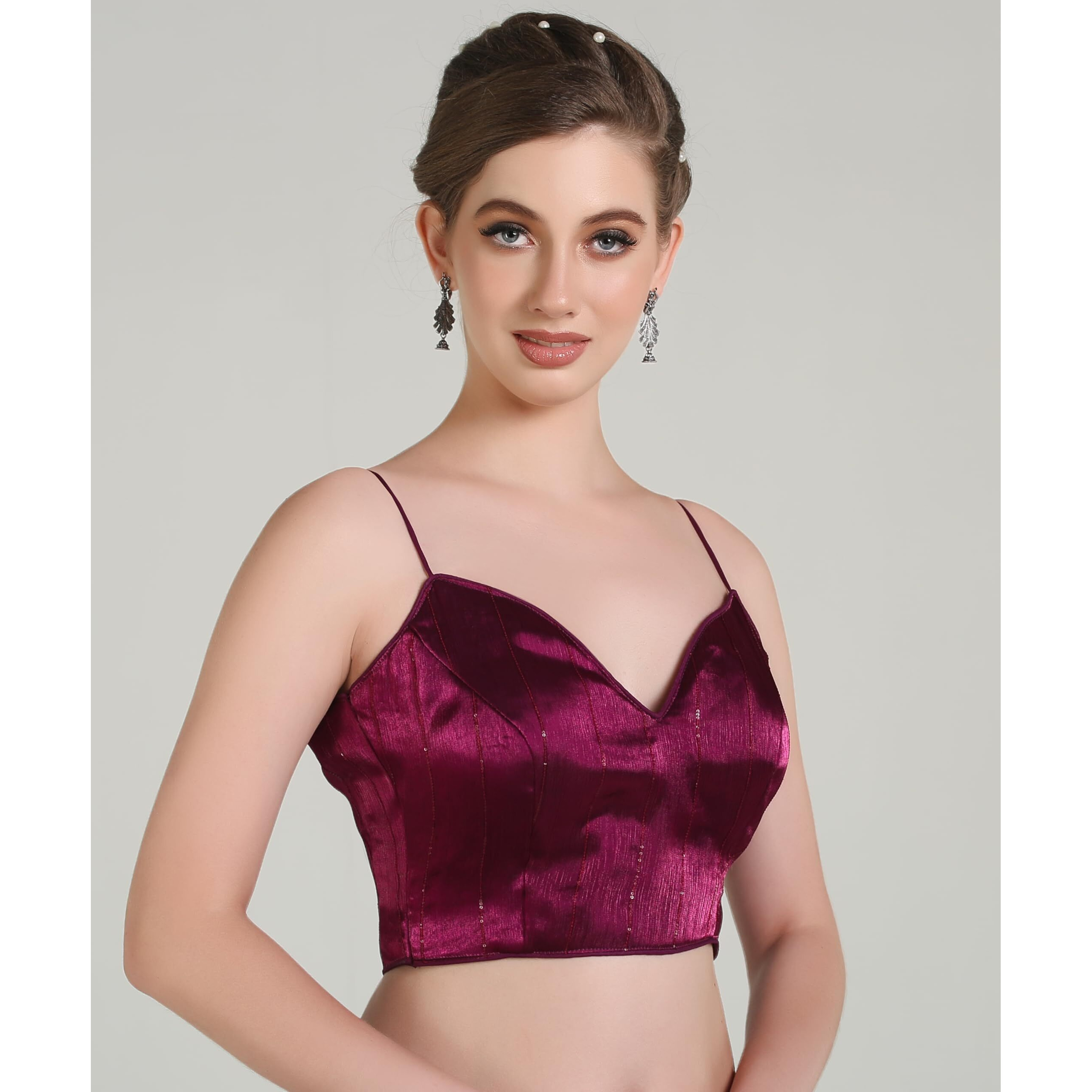 Pujia Mills Woman Blouse Latest Collection Of 2025 Indian Ethnic Wear Spaghetti Wine Color Stylish Readymade Choli Blouse