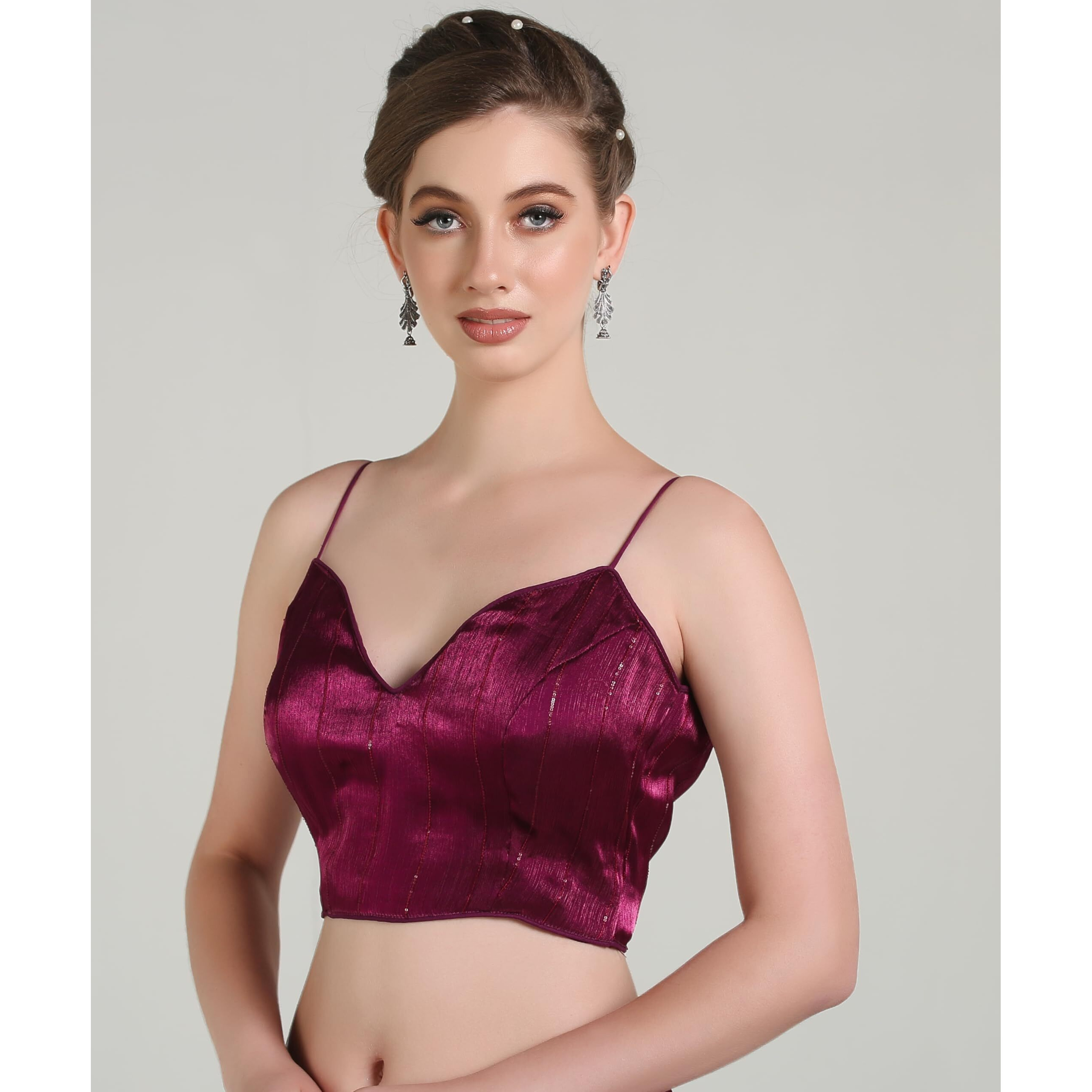 Pujia Mills Woman Blouse Latest Collection Of 2025 Indian Ethnic Wear Spaghetti Wine Color Stylish Readymade Choli Blouse