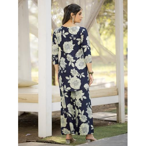 Pinkmint Pure Cotton Co Ord Set For Women L Flower & Leaf Pattern Set L 3/4 Sleeve Co Ord Set