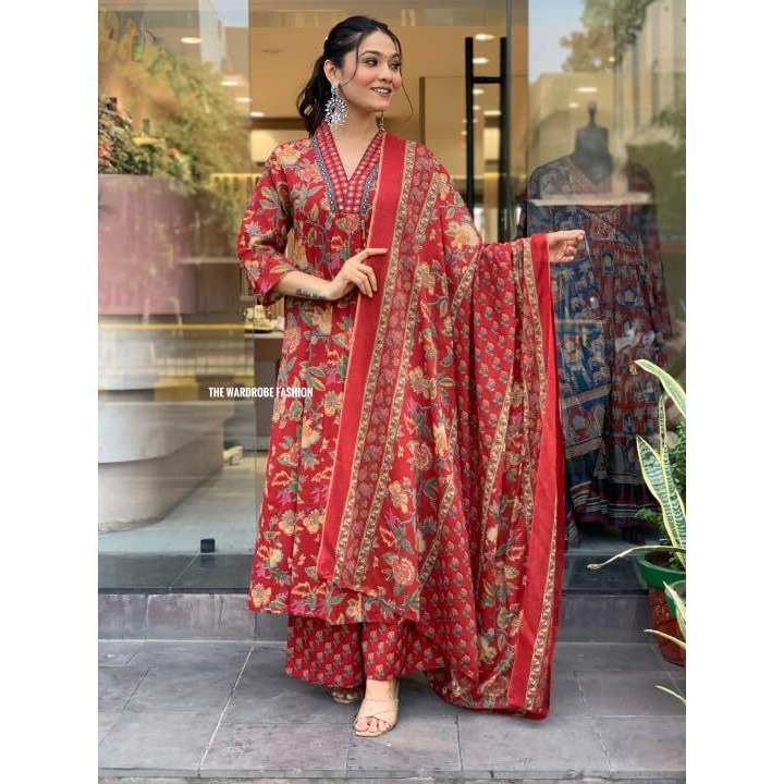 Lookmark Women's Cotton Blend Floral Printed Kurta Plazzo Set With Dupatta Suitable For Every Indian Occasion (Az-Lm-Og-Ks2171 Red-L)