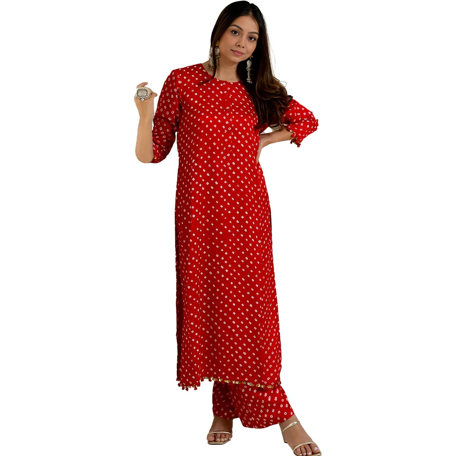 Lookmark Women's Cotton Blend Bandhej Printed Bandhani Kurta Palazzo Set With Sequence Lace (Az-Lm-Og-Ks2201 Red-M)