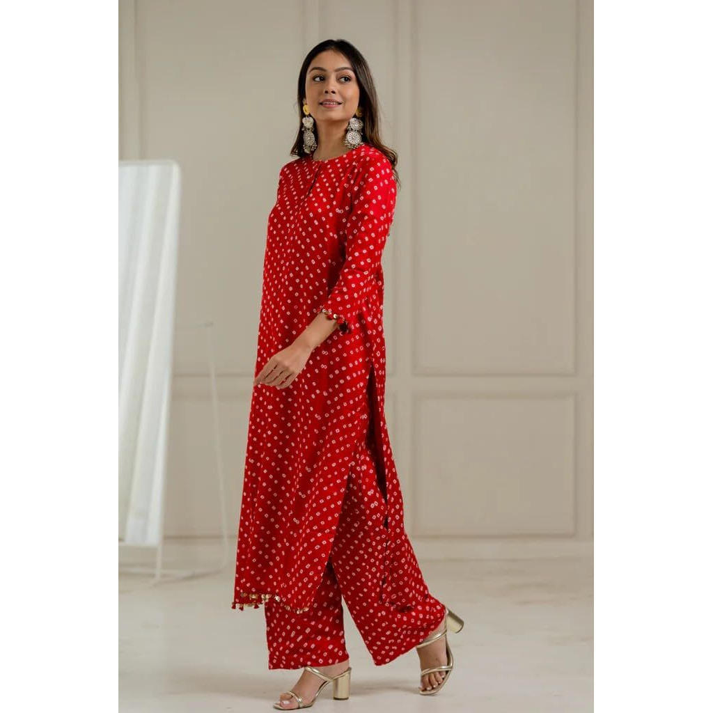 Lookmark Women's Cotton Blend Bandhej Printed Bandhani Kurta Palazzo Set With Sequence Lace (Az-Lm-Og-Ks2201 Red-M)