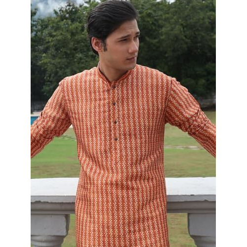 Lookmark Men's Cotton Blend Printed Long Kurta Suitable For All Indian Wedding, Occasions, And Festivals (Az-Lm-Og-Kurta 16-M) Orange