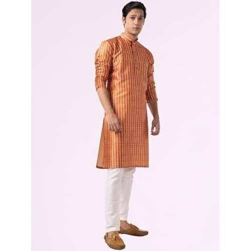 Lookmark Men's Cotton Blend Printed Long Kurta Suitable For All Indian Wedding, Occasions, And Festivals (Az-Lm-Og-Kurta 16-M) Orange