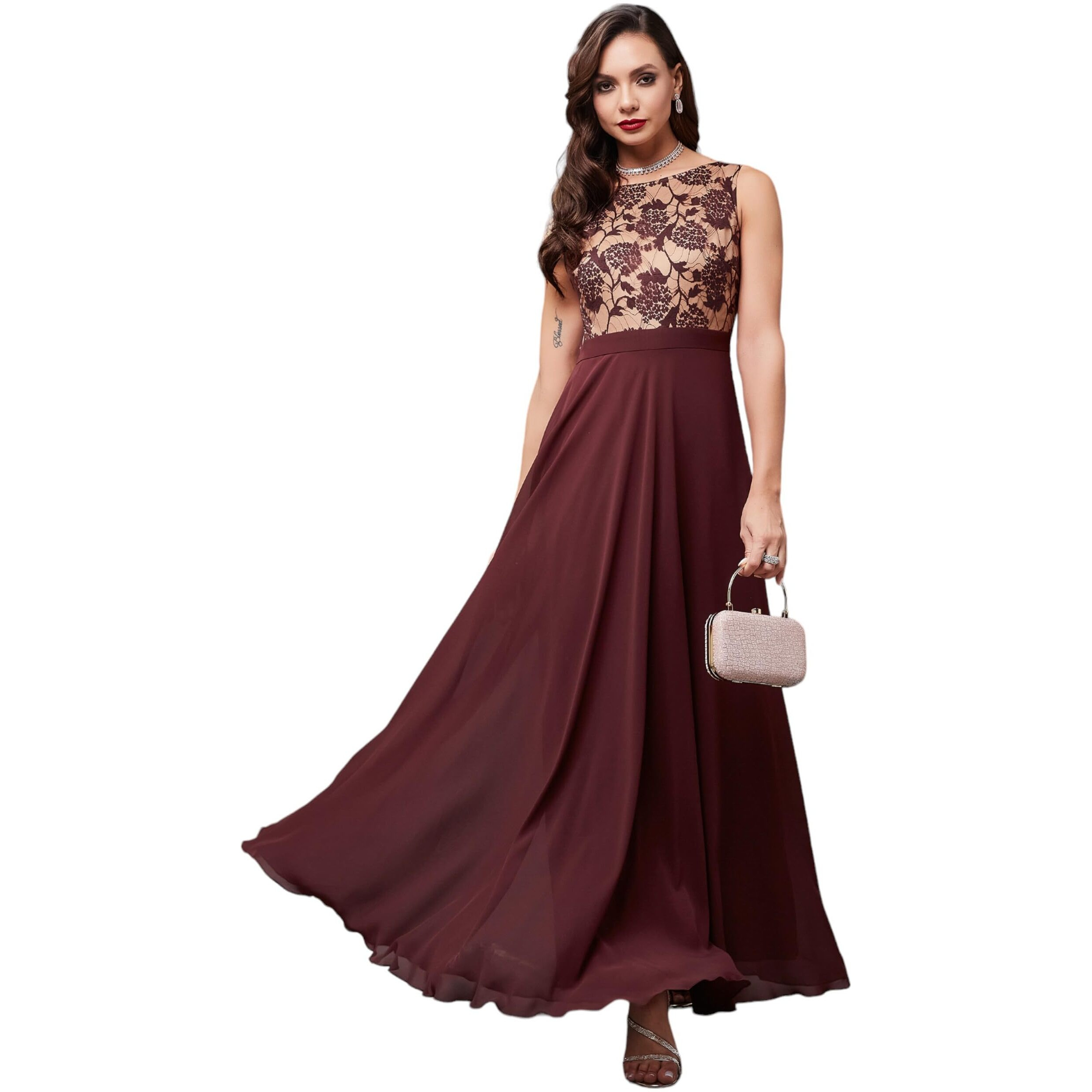 Miss Chase Women's Round Neck Sleeveless Floral Lace Fit & Flare Maxi Dress (Plus (Mcss24D97-10-603-05, Beige & Wine, L)