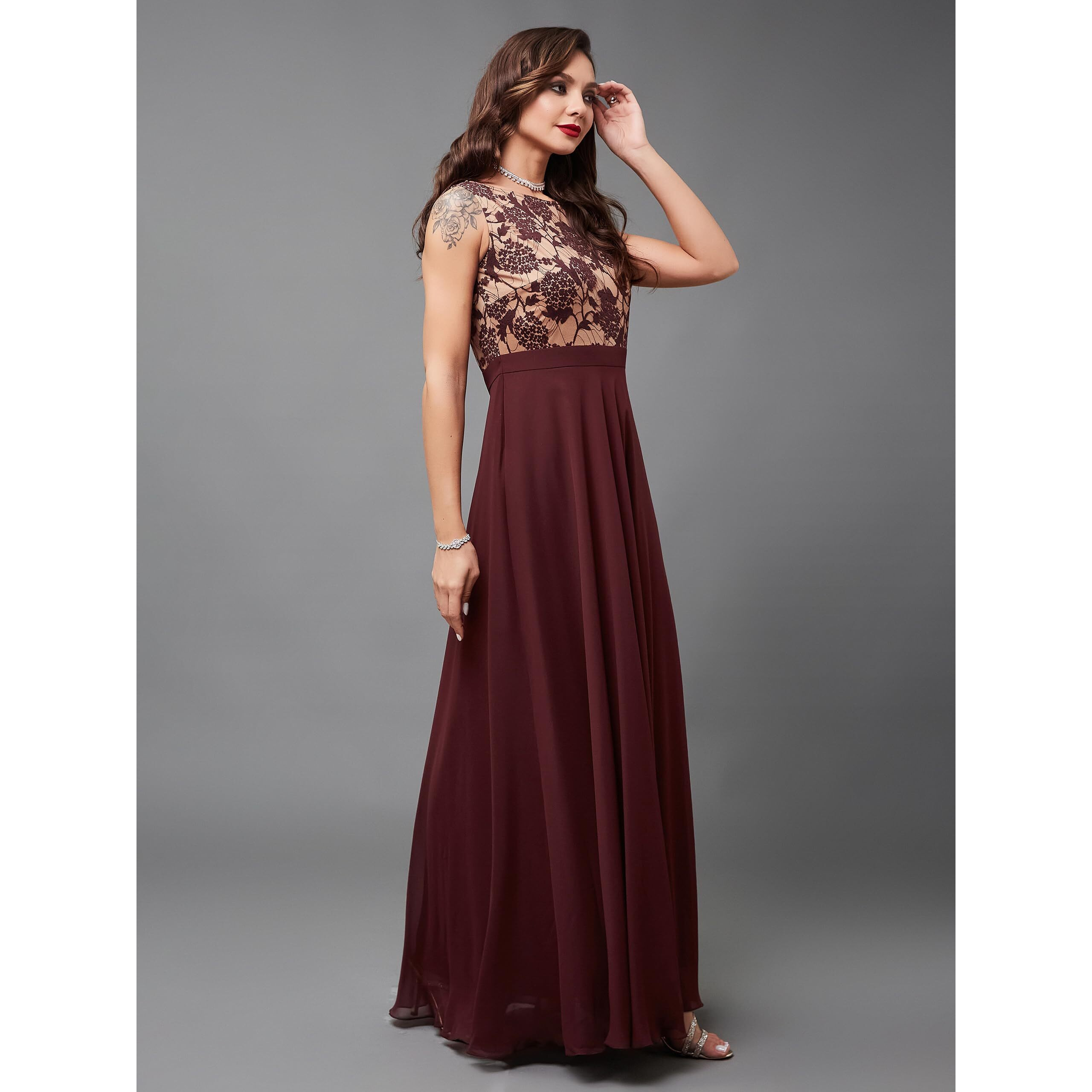 Miss Chase Women's Round Neck Sleeveless Floral Lace Fit & Flare Maxi Dress (Plus (Mcss24D97-10-603-05, Beige & Wine, L)