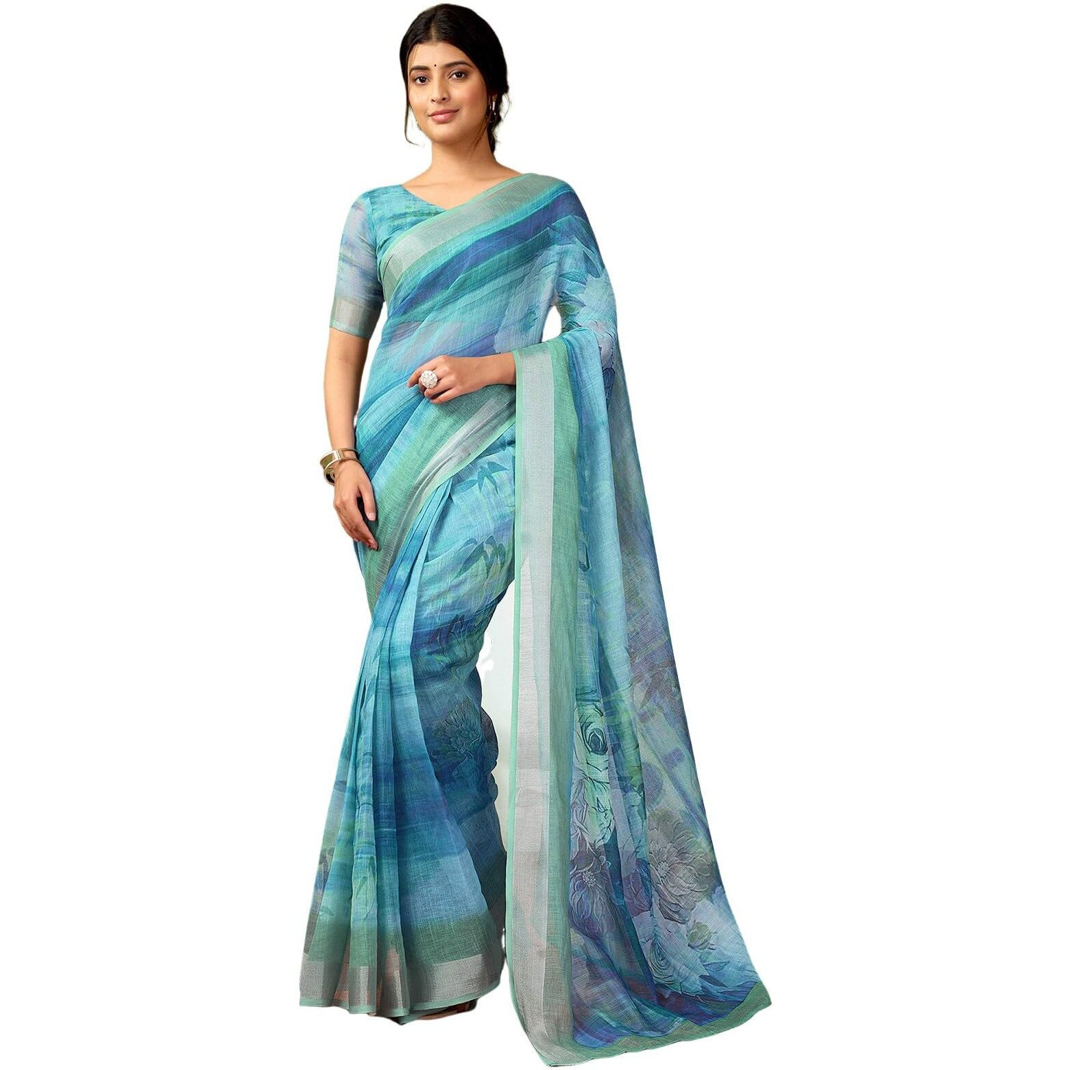 Satrani Women's Linen Printed & Zari Border Ready To Wear One Minute Pre Pleated Readymade Saree With Unstitched Blouse Piece (35Rs339N_Blue & Dusty Green)
