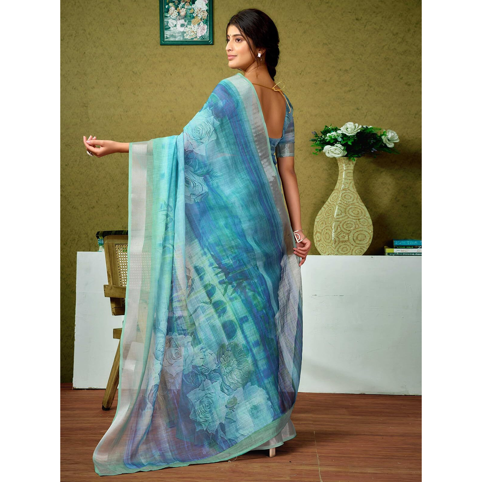 Satrani Women's Linen Printed & Zari Border Ready To Wear One Minute Pre Pleated Readymade Saree With Unstitched Blouse Piece (35Rs339N_Blue & Dusty Green)