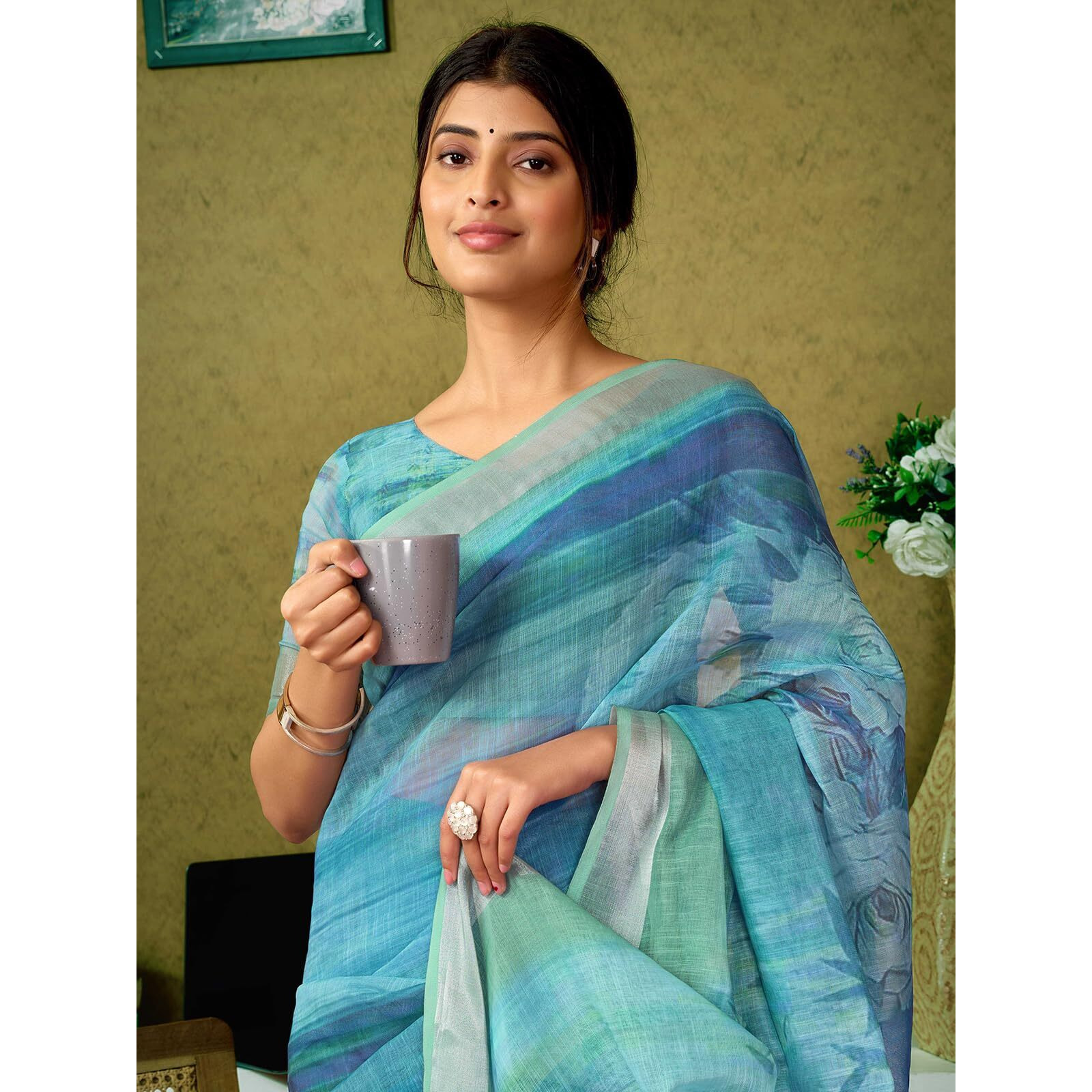 Satrani Women's Linen Printed & Zari Border Ready To Wear One Minute Pre Pleated Readymade Saree With Unstitched Blouse Piece (35Rs339N_Blue & Dusty Green)